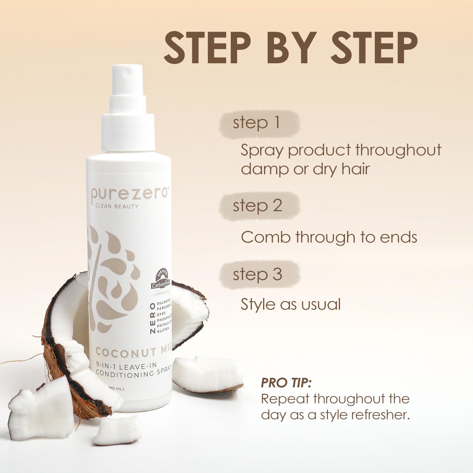 Purezero Coconut Milk 9-in-1 leave-in texture, quick-absorbing non-greasy formula.