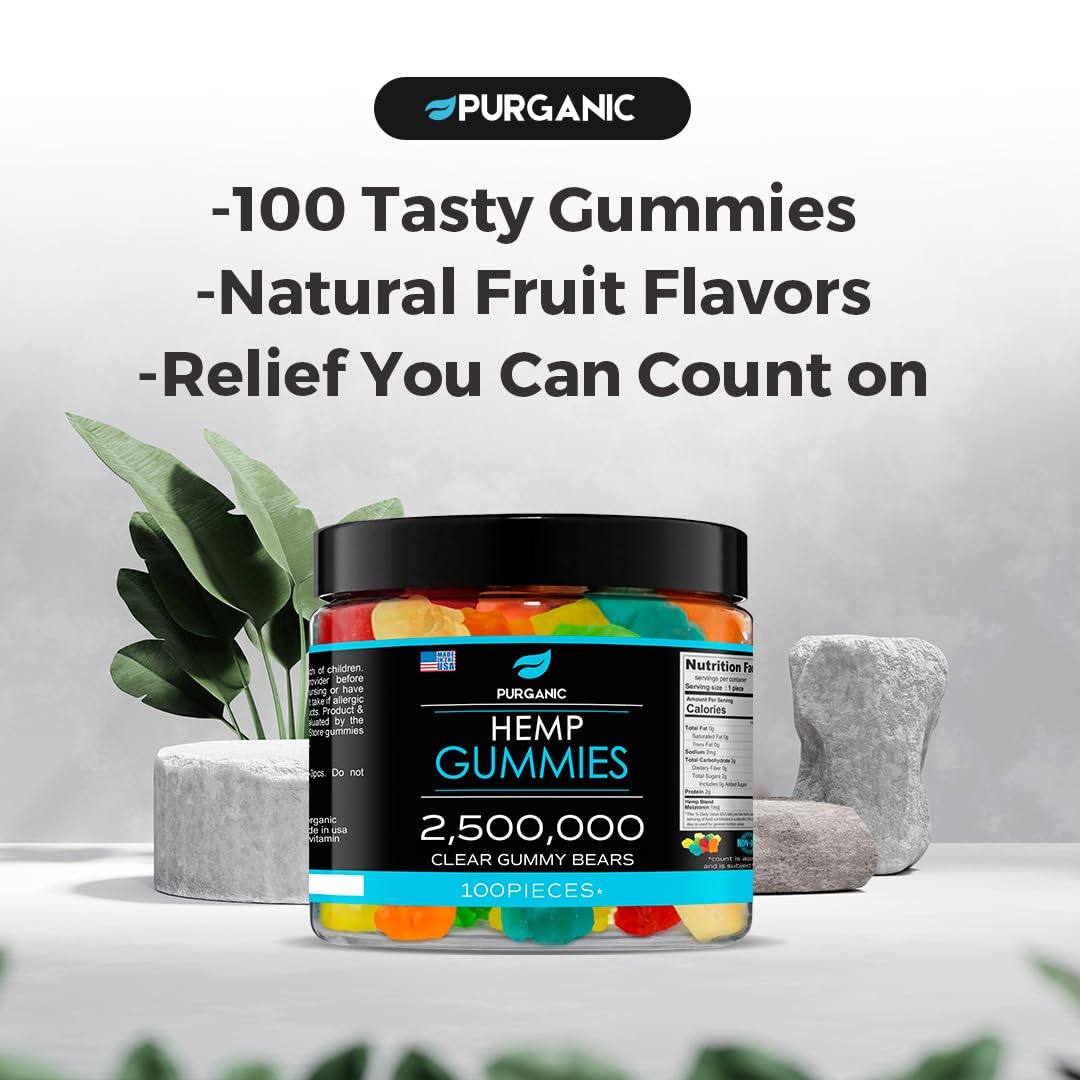 Purganic Hemp Gummies 100-count bottle on kitchen counter