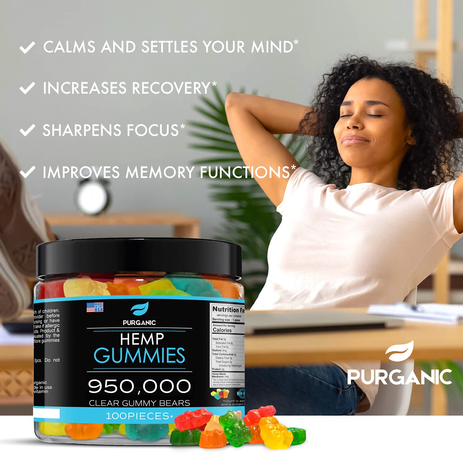 Purganic hemp gummies close-up of fruit-flavored bears emphasizing daily calm