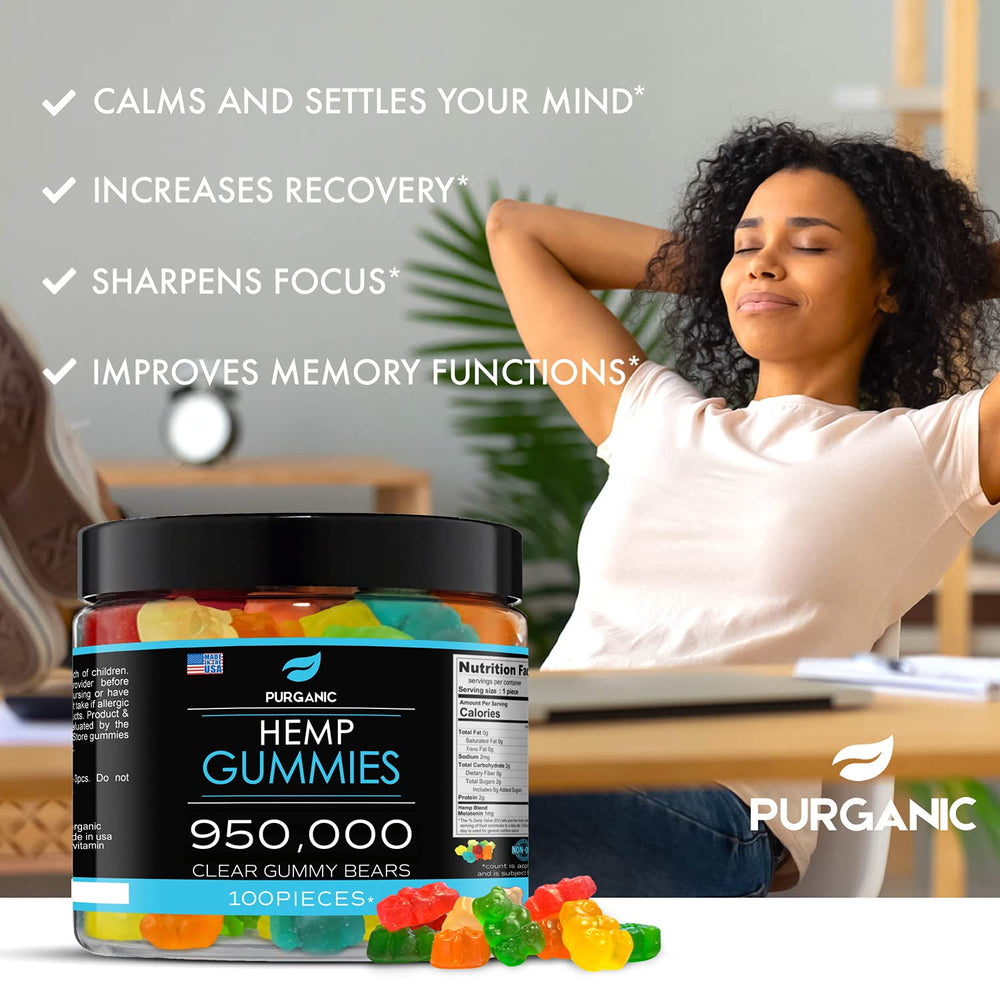 Purganic hemp gummies close-up of fruit-flavored bears emphasizing daily calm