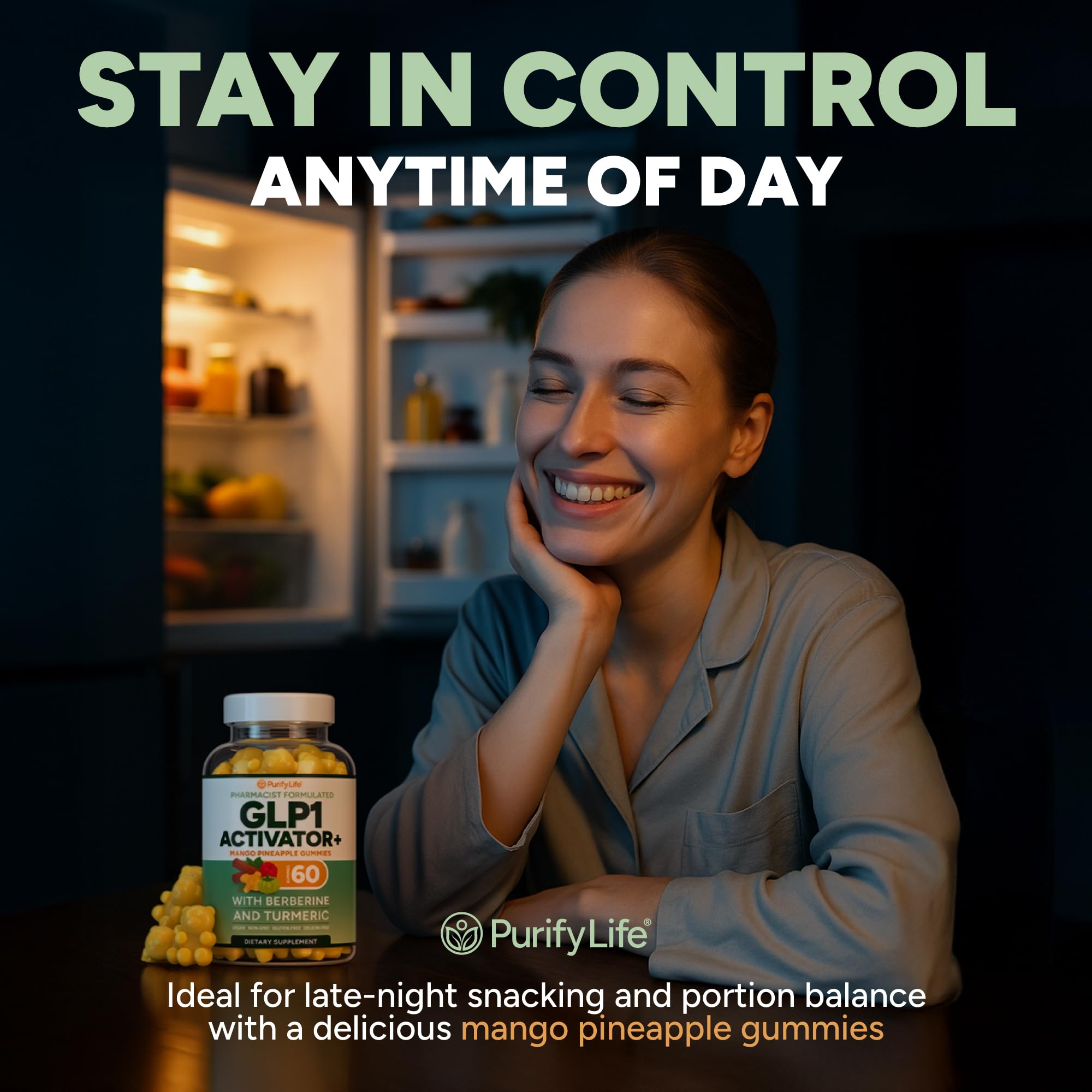 Purify Life GLP-1 gummies jar-scoop shows easy daily serving.