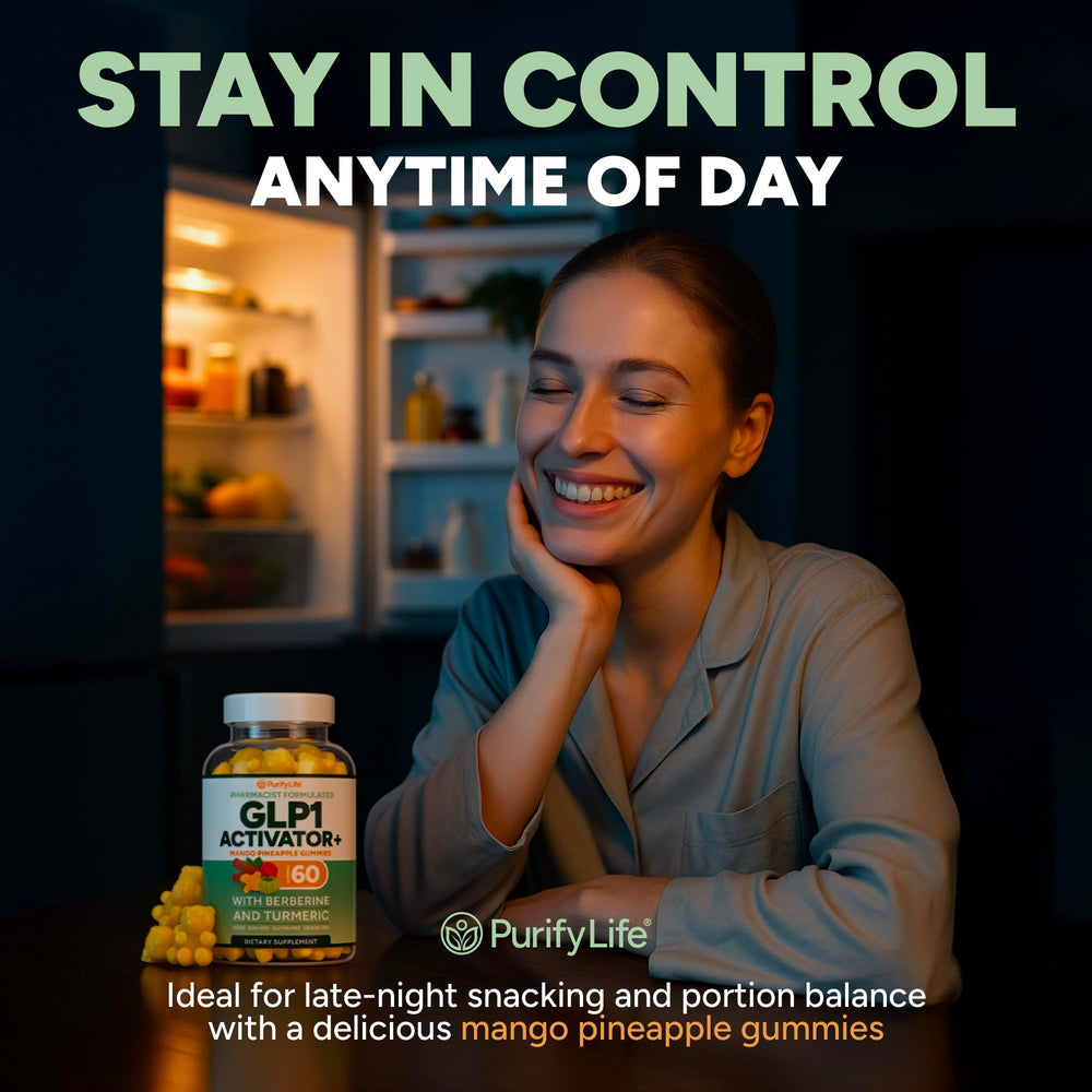 Purify Life GLP-1 gummies jar-scoop shows easy daily serving.