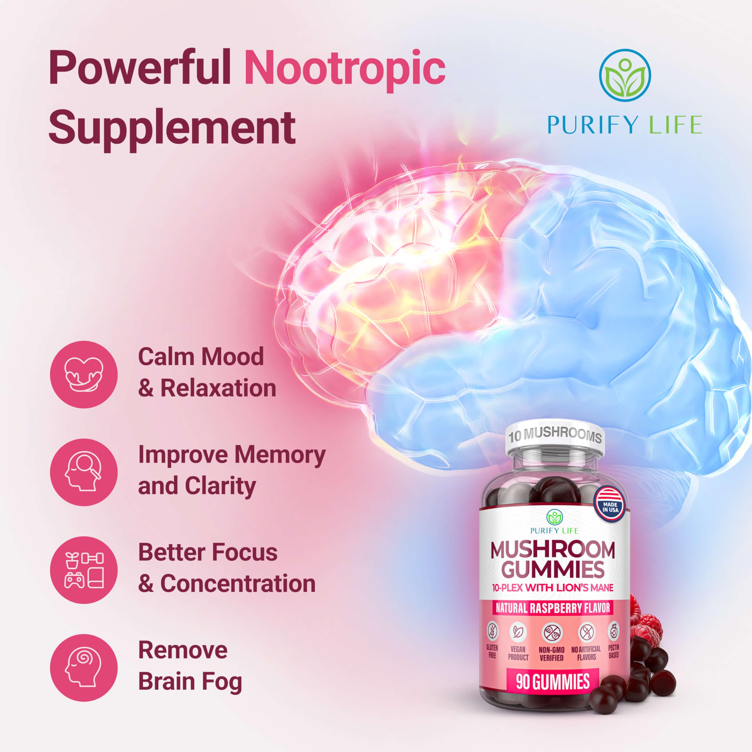 Purify Life Lions Mane gummies close-up highlighting brain support.