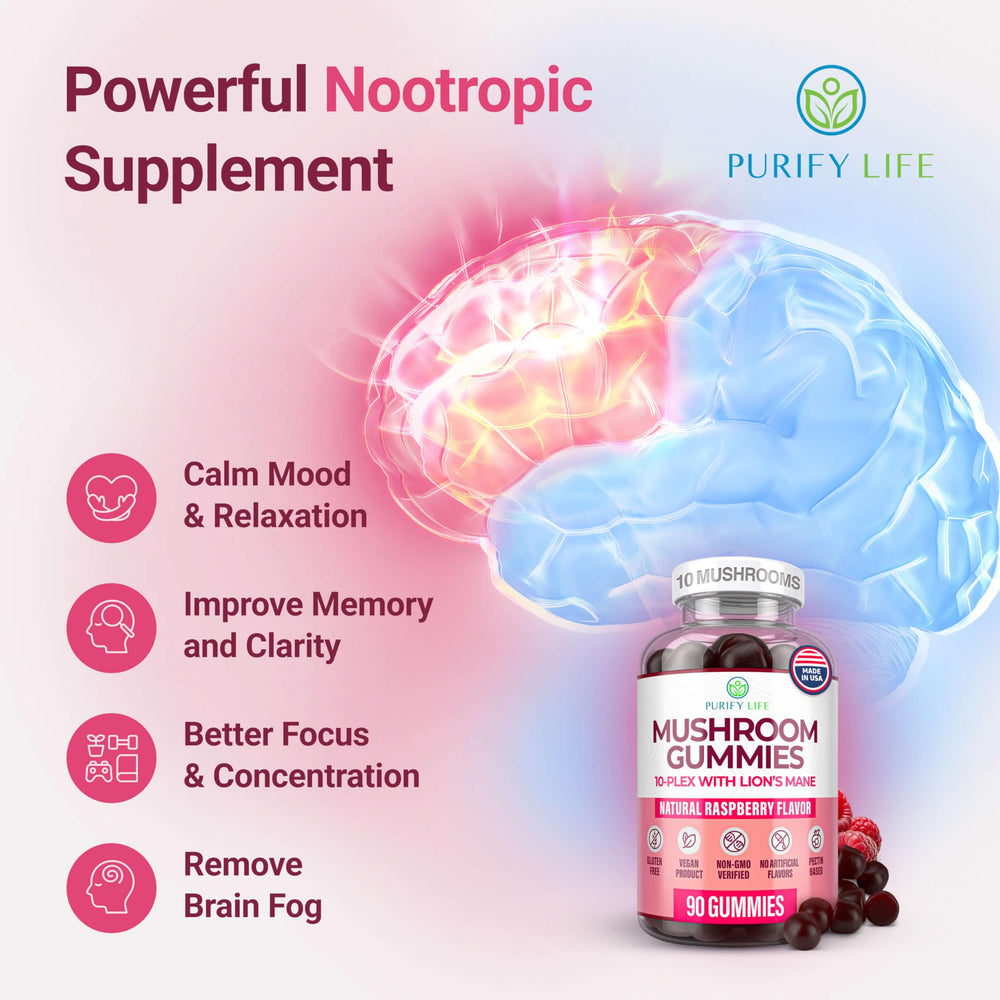 Purify Life Lions Mane gummies close-up highlighting brain support.