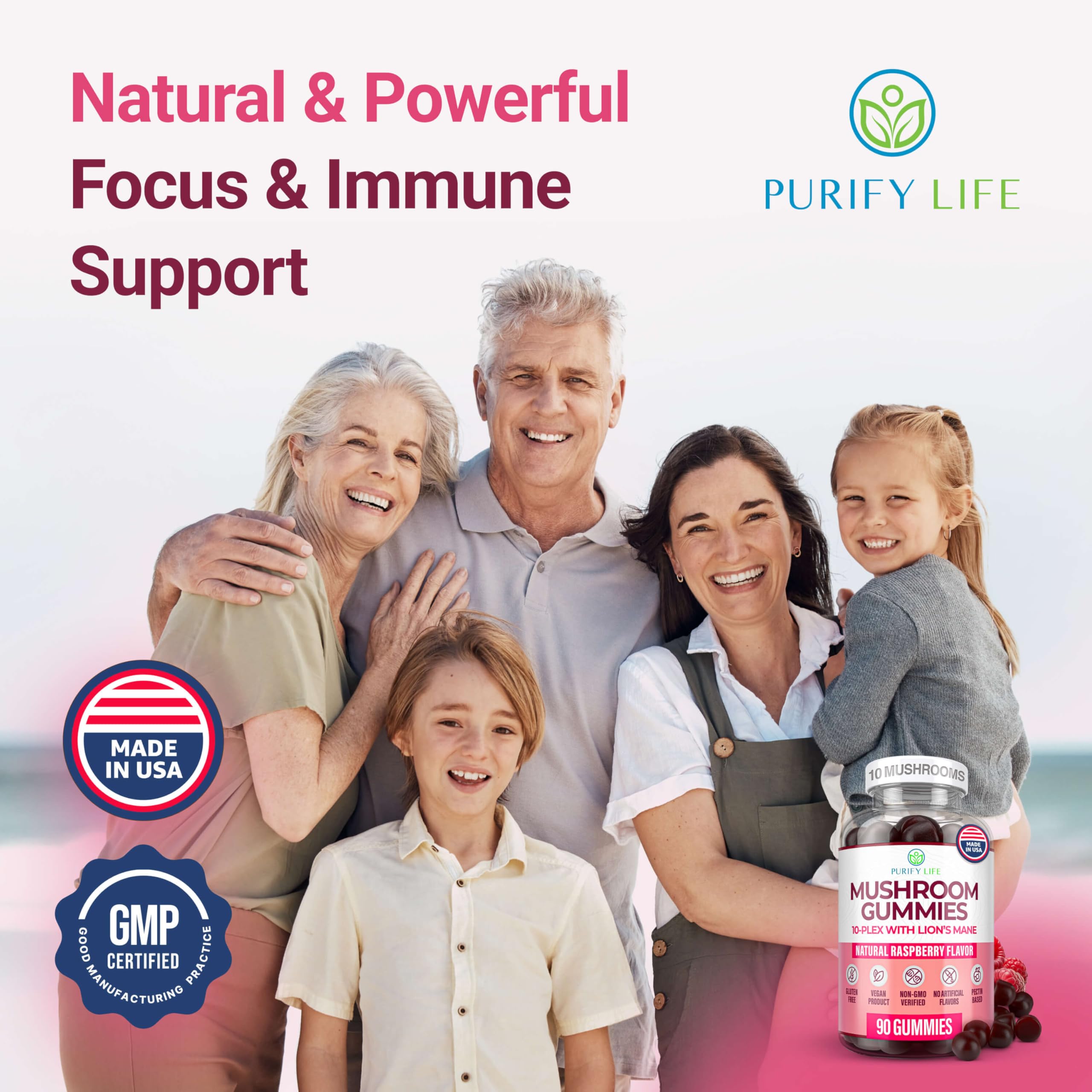 Purify Life Raspberry flavor kid-friendly gummies in packaging.