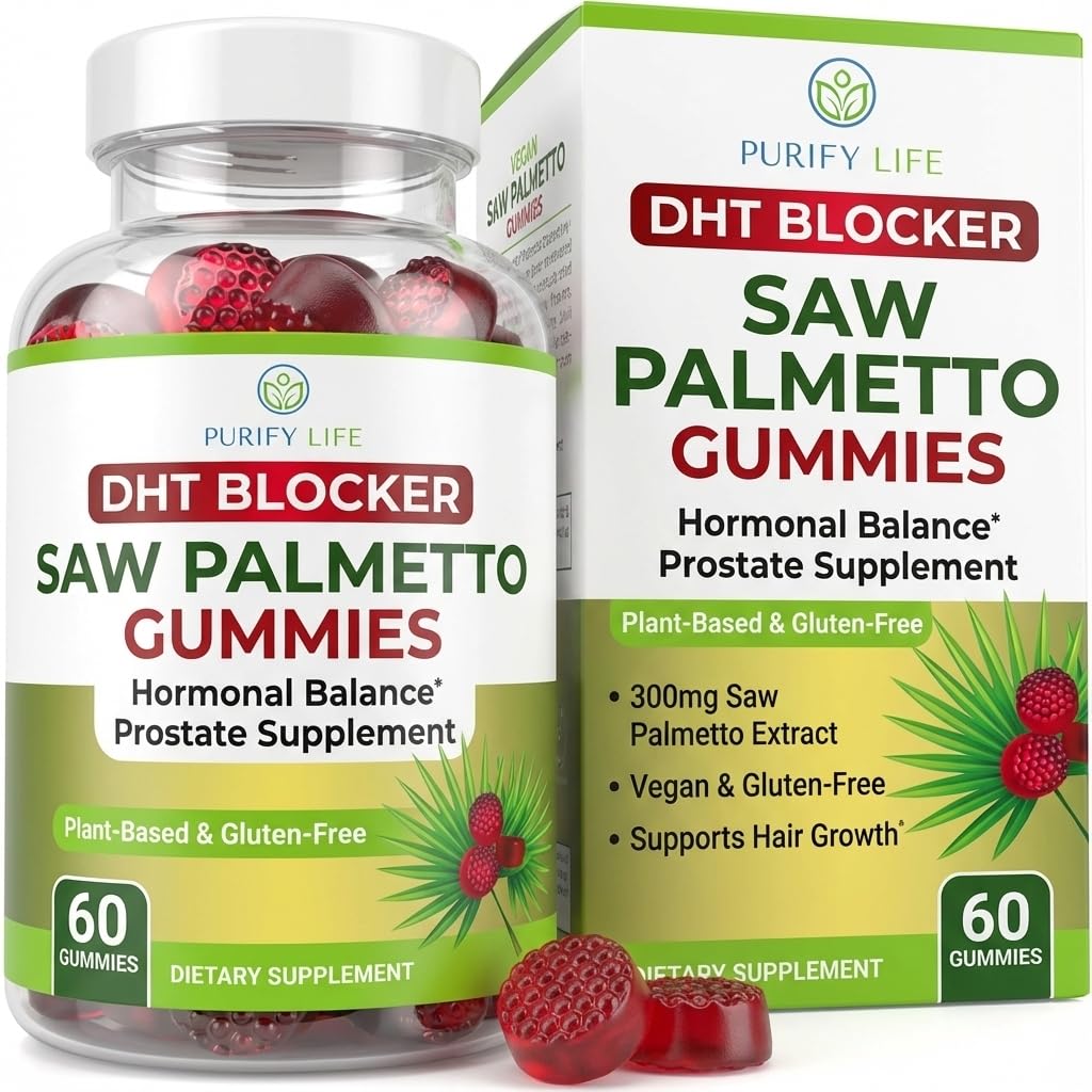 Purify Life Saw Palmetto Gummies bottle front highlights vegan formula for daily hair support.