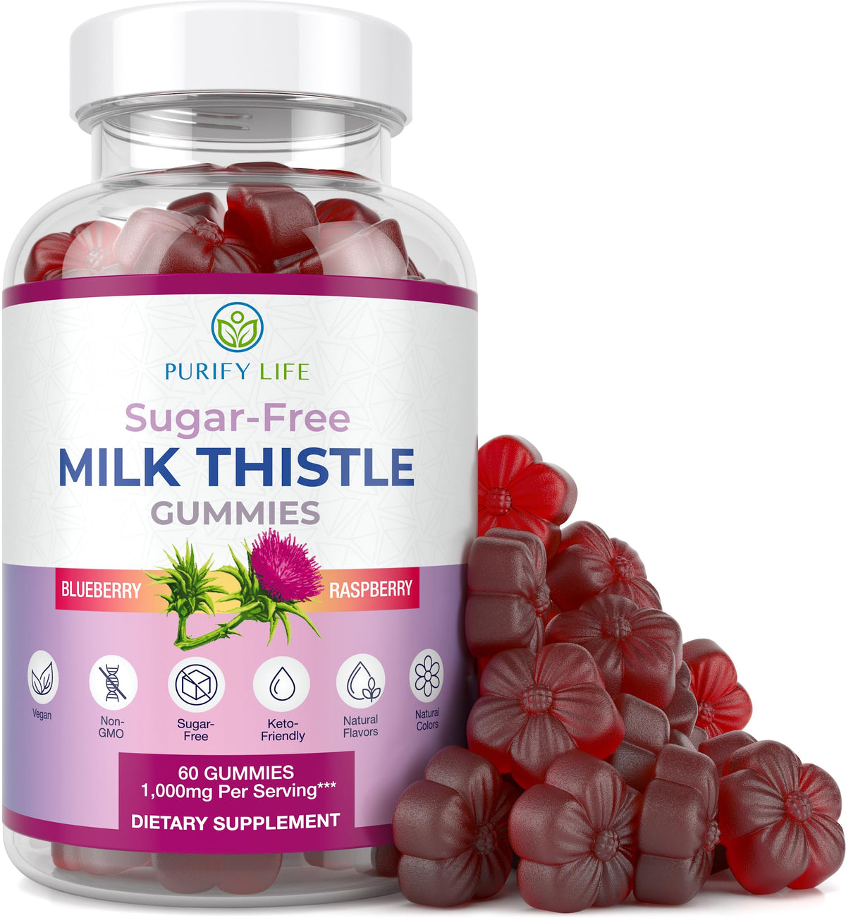 Purify Life bottle of sugar-free milk thistle gummies for convenient daily liver support.