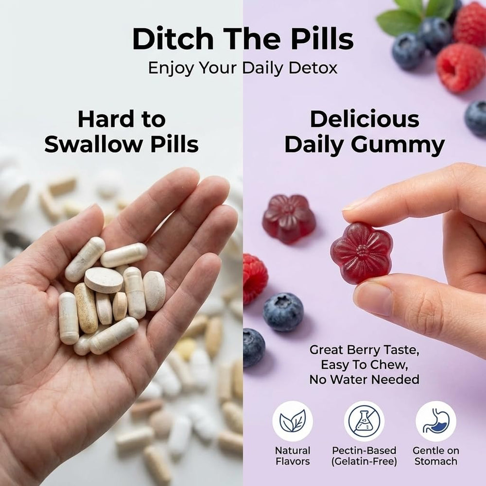 Gummies poured from Purify Life jar ready for a quick daily detox routine.