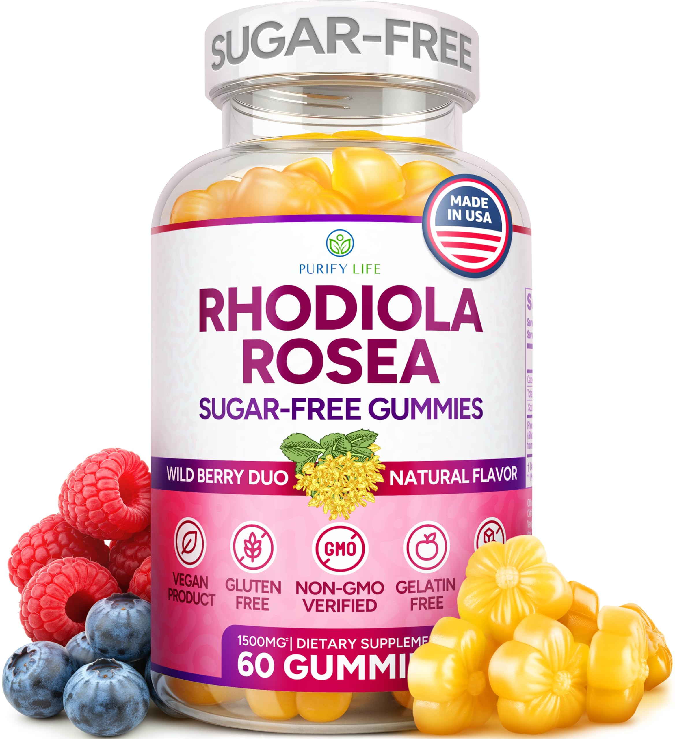 Purify Life Sugar-Free Rhodiola Gummies bottle for daily adrenal support on the go.