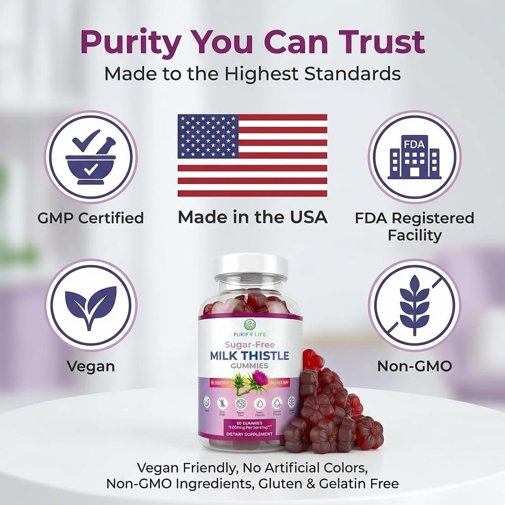 Vegan, gluten-free Purify Life gummies labeled for clean, plant-based wellness.