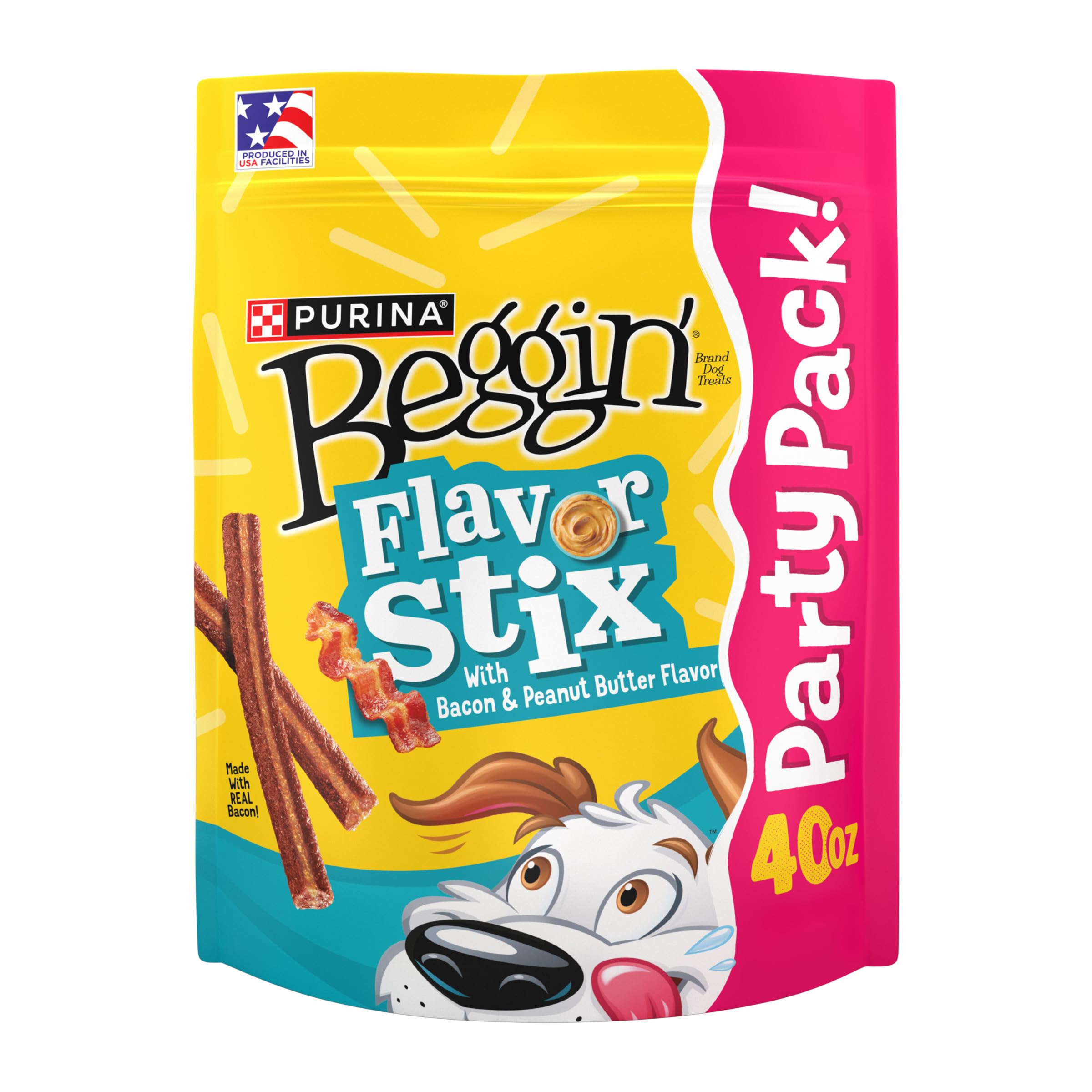 Purina Beggin' Flavor Stix bacon-peanut-butter bag shows a meaty, enticing dog treat for bonding moments.