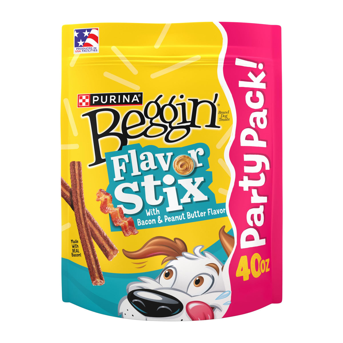 Purina Beggin' Flavor Stix bacon-peanut-butter bag shows a meaty, enticing dog treat for bonding moments.
