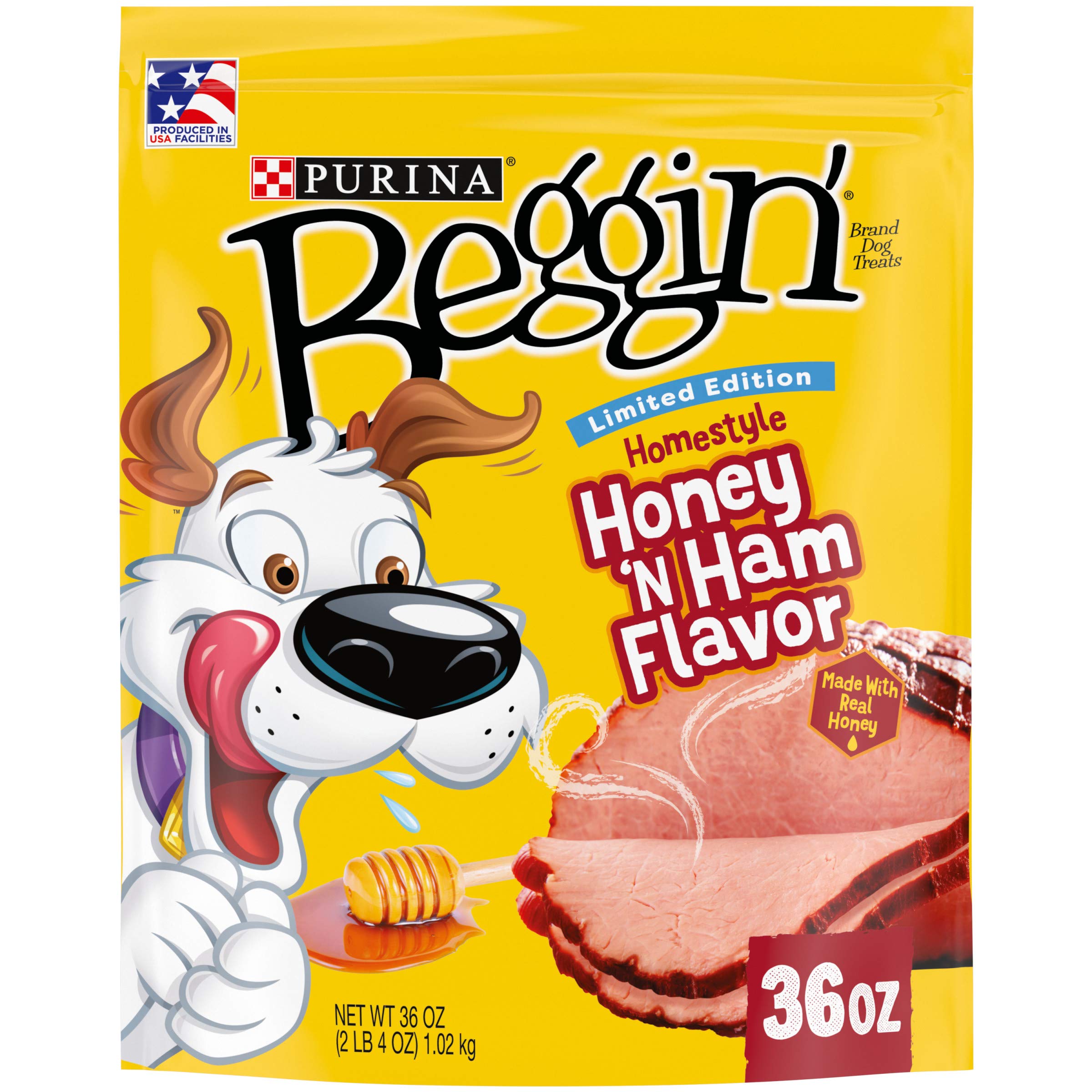 Purina Beggin’ Limited Edition Honey N’ Ham package on display, premium dog treat for rewards.