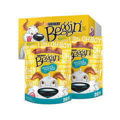 Purina Beggin' Strips bacon-peanut-butter packaging, enticing flavor for daily rewards.