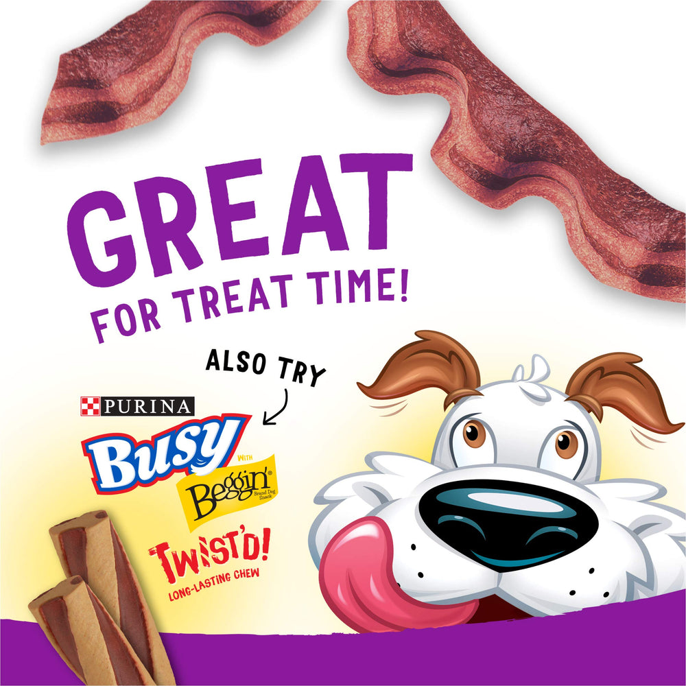 Purina Beggin' Strips bacon-beef dog snacks with no artificial flavors.