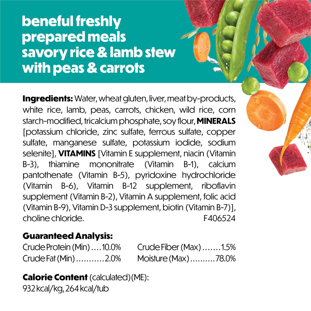 Packaging shot of Beneful Lamb Stew eight-pack 10 oz tubs