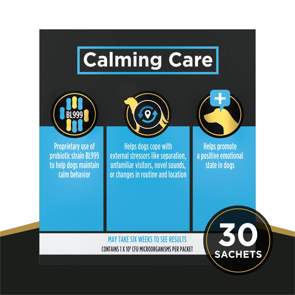Purina Calming Care powder with scoop for daily routine.
