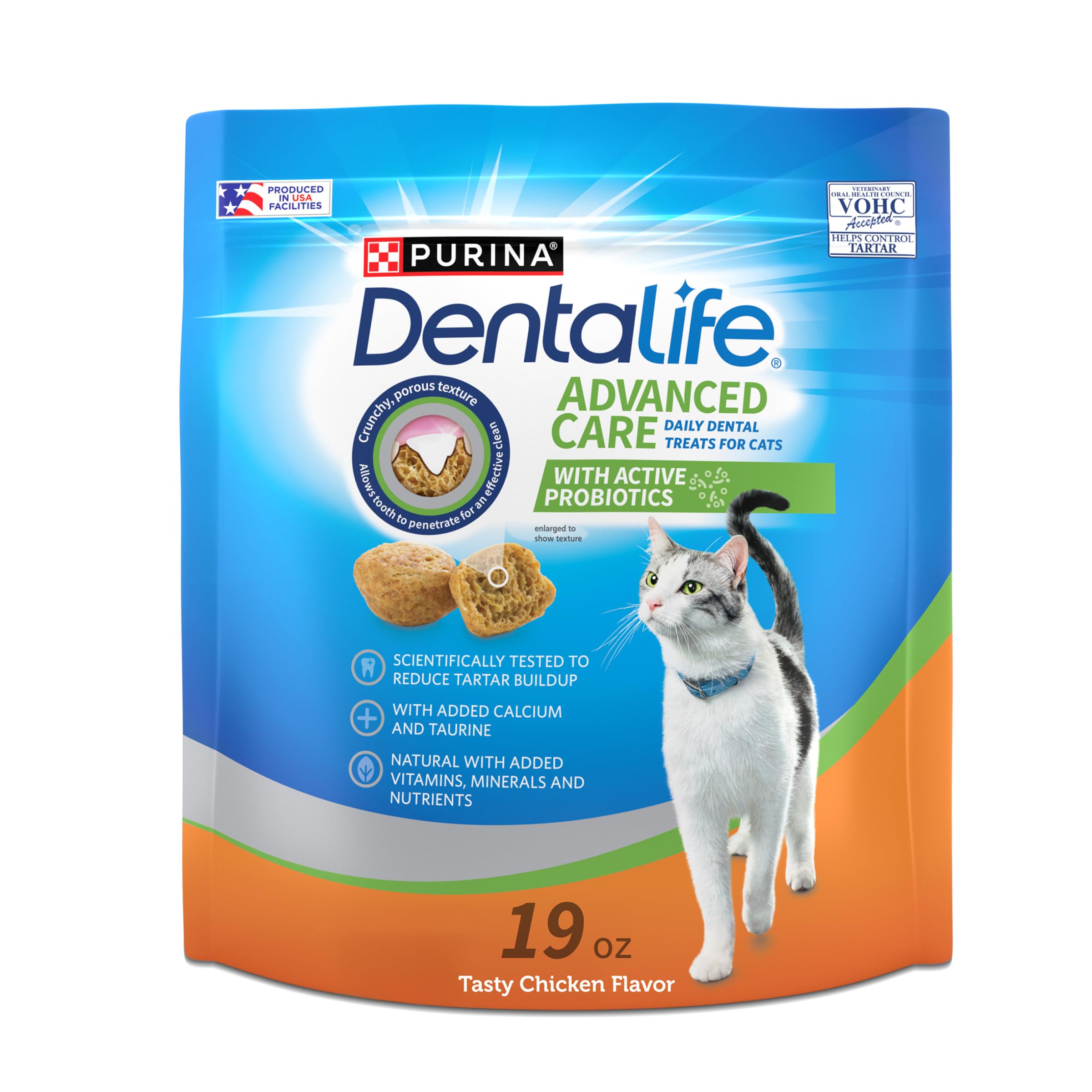 Purina DentaLife treats in pouch show a crunchy texture for dental care.