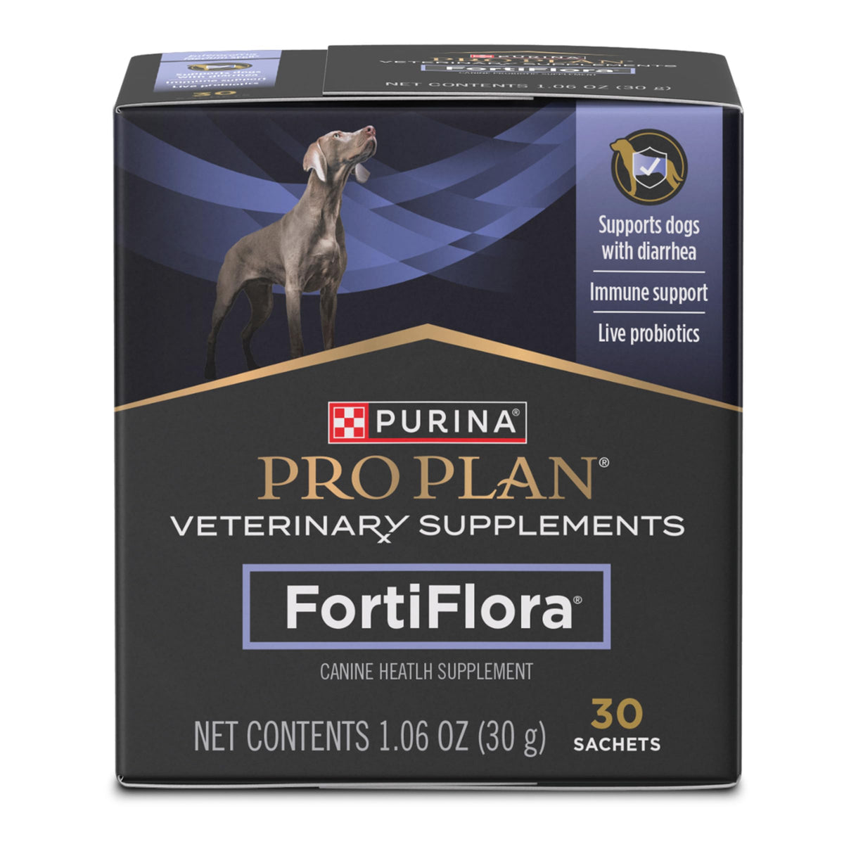 Purina FortiFlora dog probiotic powder supports digestive balance when sprinkled on meals.