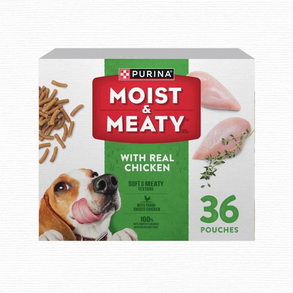 Purina Moist & Meaty Real Chicken pouch packaging shown for quick meals