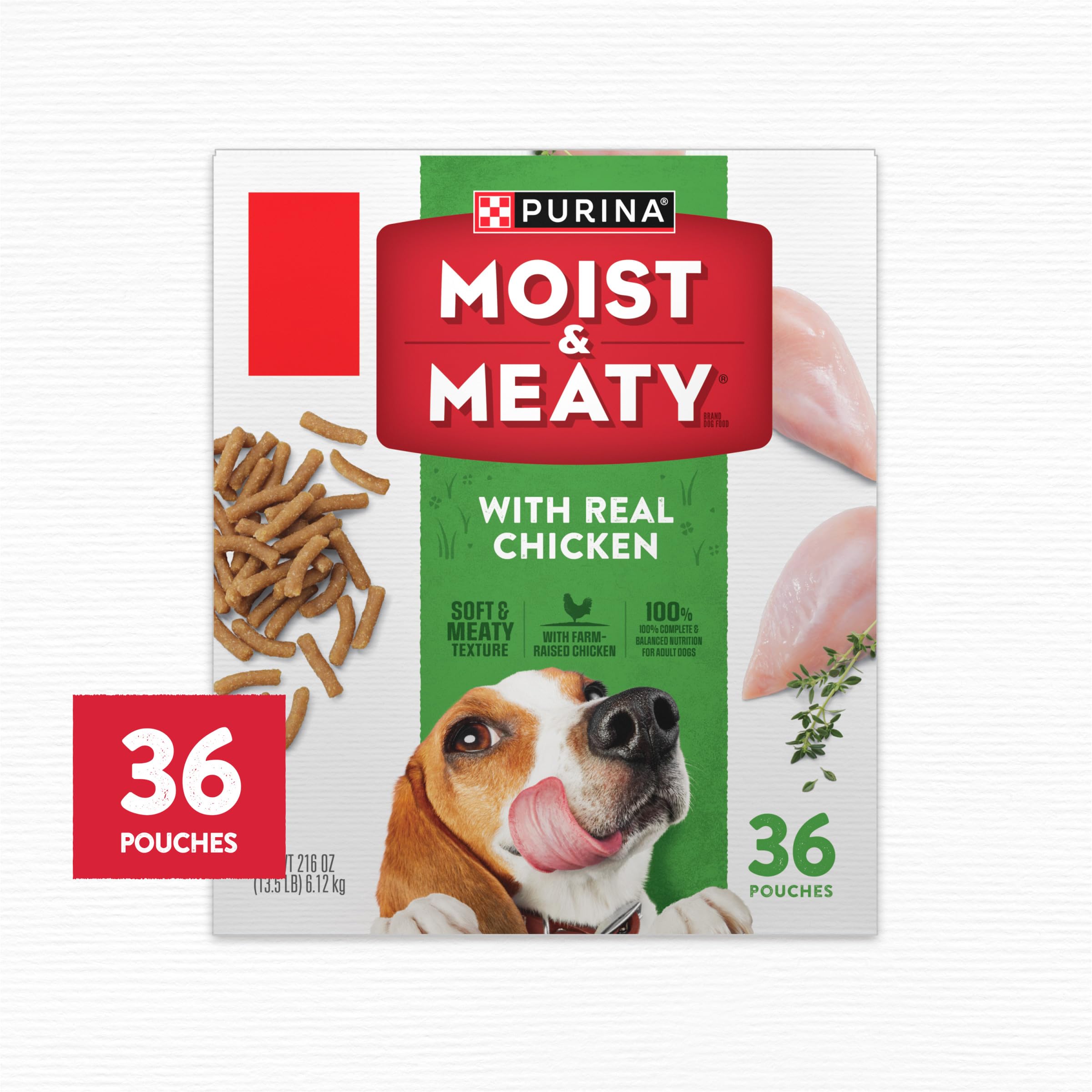 Purina Moist & Meaty pouch-serving detail highlighting single-serve convenience
