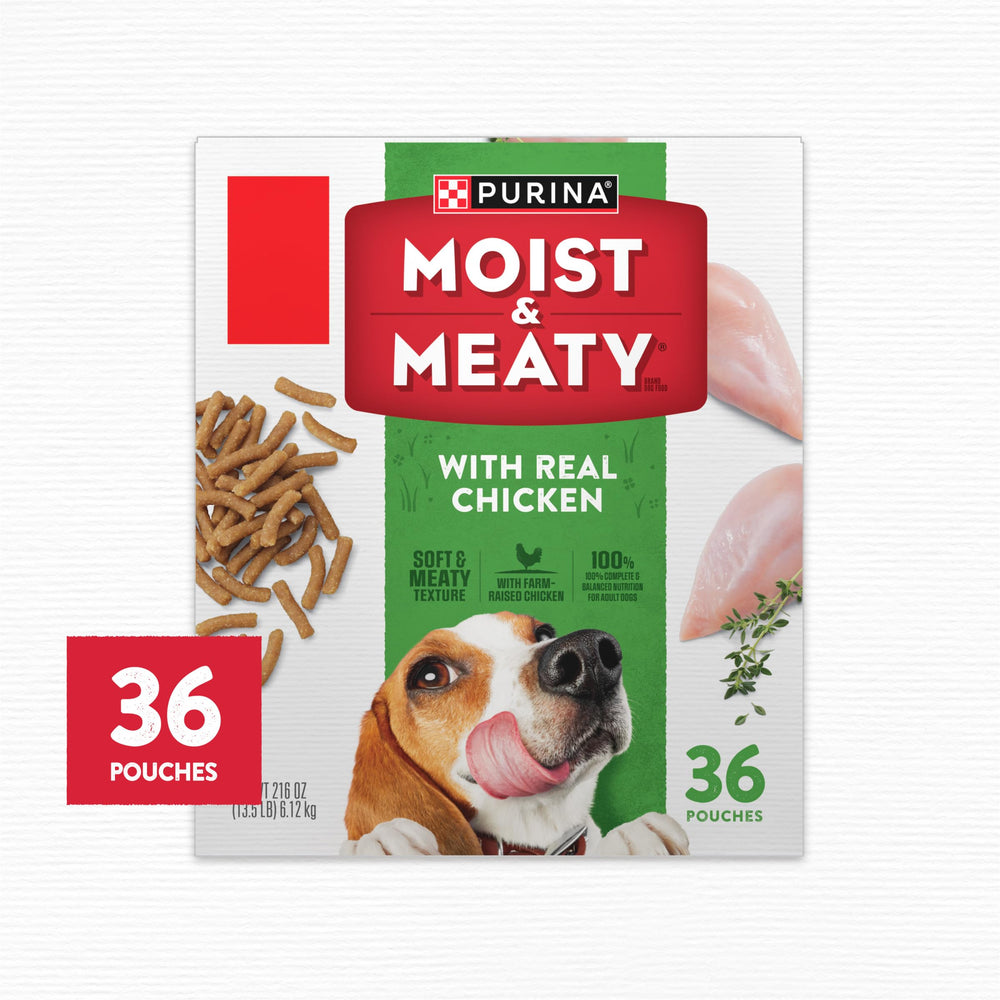 Purina Moist & Meaty pouch-serving detail highlighting single-serve convenience