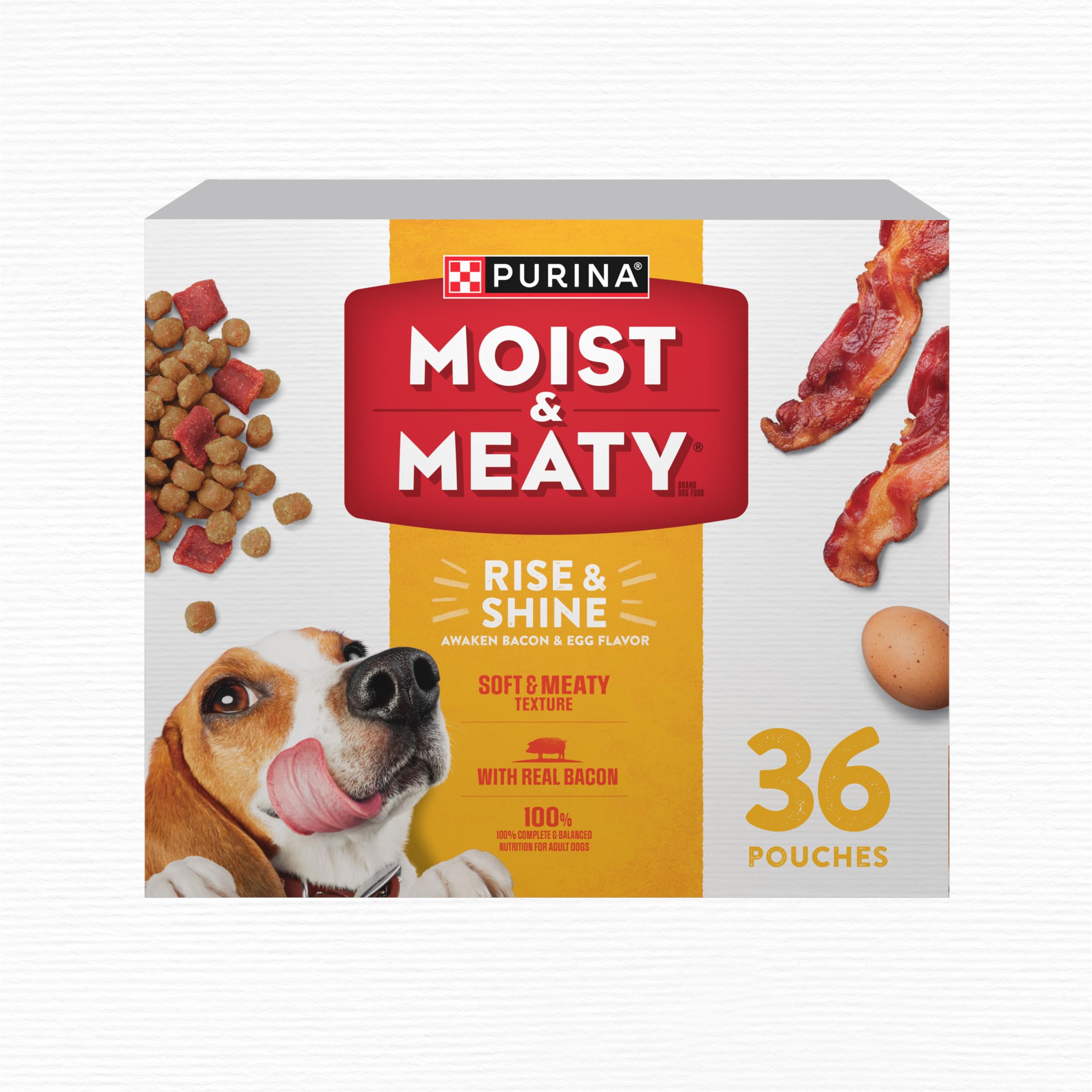Purina Moist & Meaty Rise and Shine Awaken bacon and egg pouch packaging for quick, mess-free serving.