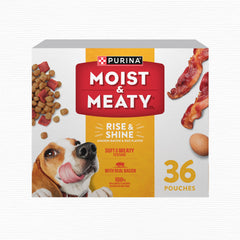 Purina Moist & Meaty Rise and Shine Awaken bacon and egg pouch packaging for quick, mess-free serving.