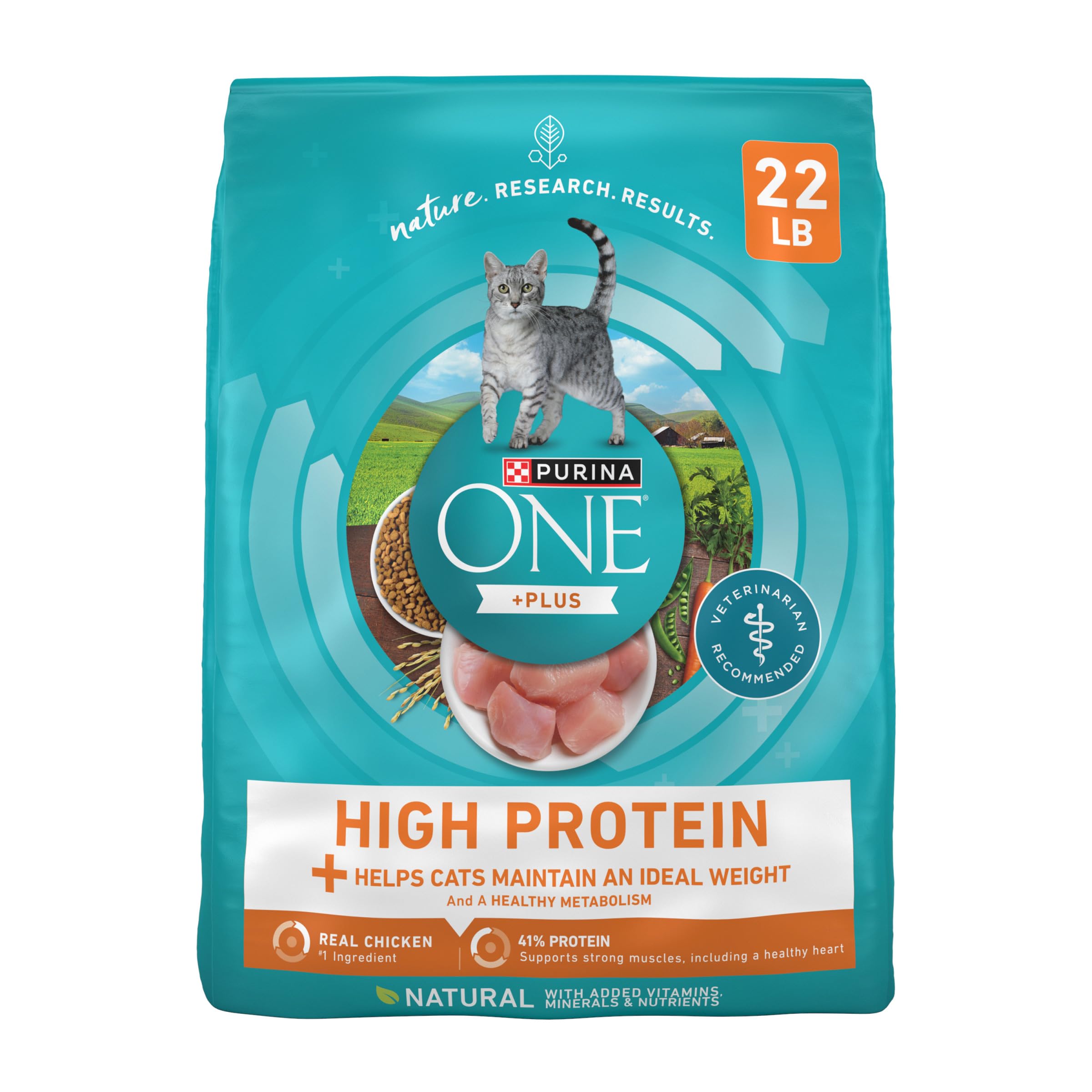 Purina ONE high-protein chicken kibble in bag supports lean muscles