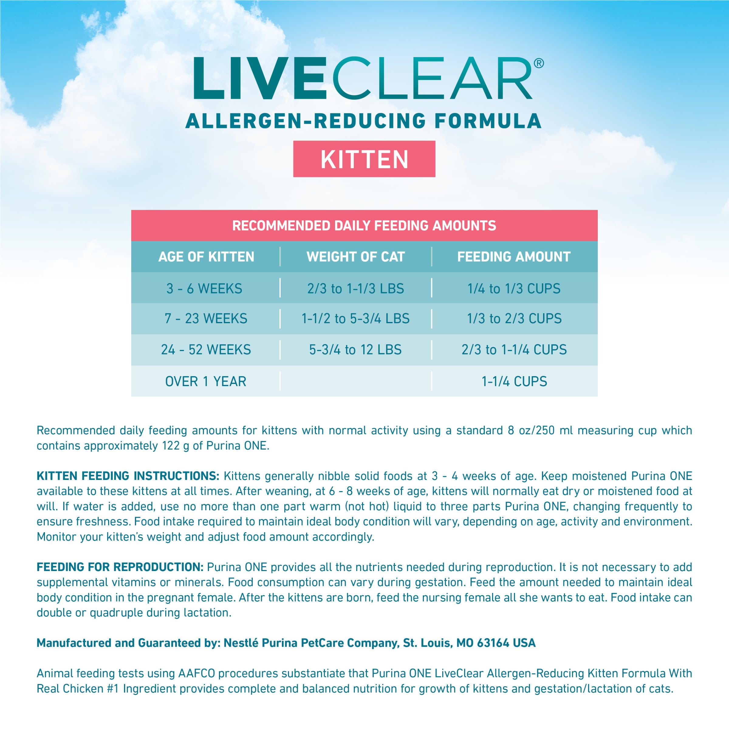 Purina ONE LiveClear formula includes DHA to support vision and brain development.