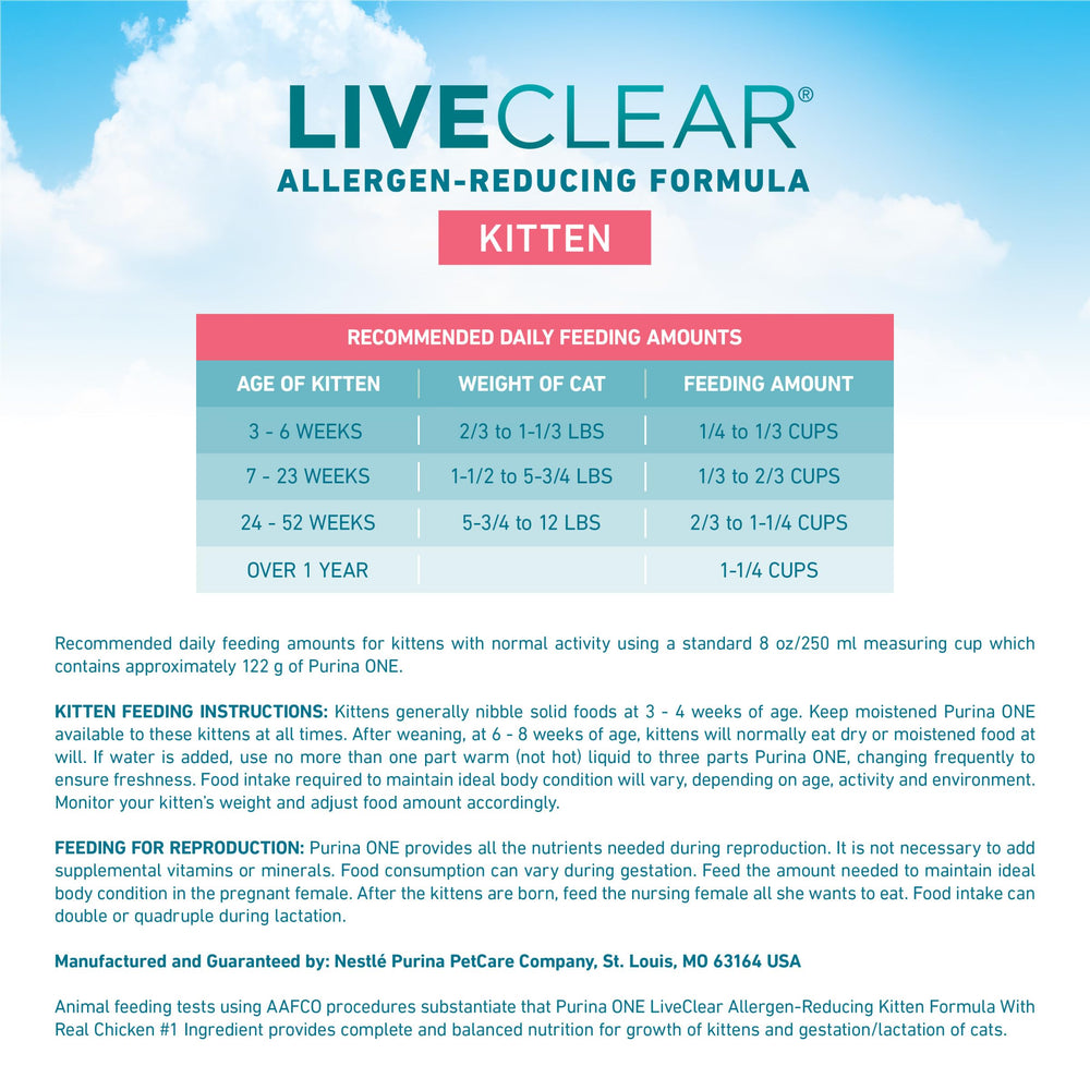Purina ONE LiveClear formula includes DHA to support vision and brain development.