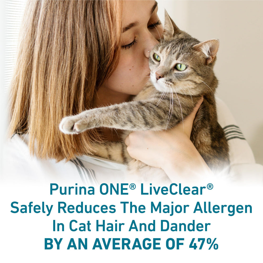 Purina ONE LiveClear dry kitten food bag for easy daily feeding and allergen management.