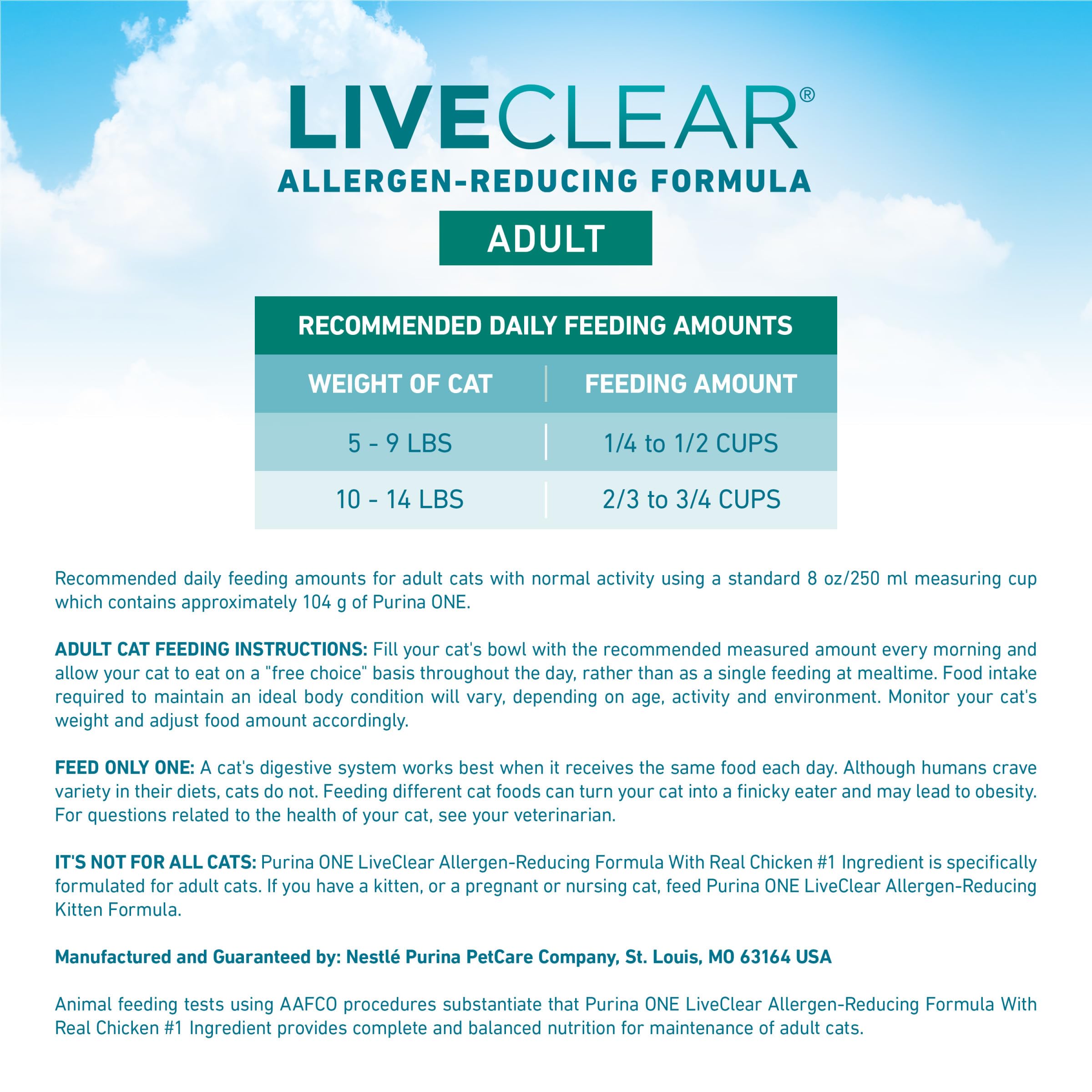 Packaging front shows Purina ONE LiveClear line in market-ready packaging.