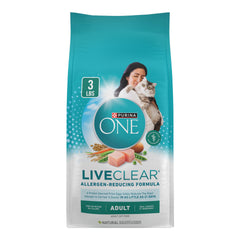 Purina ONE LiveClear real chicken first ingredient supports tasty, balanced nutrition.