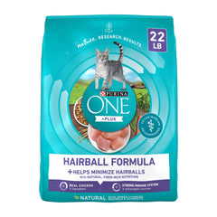 Purina ONE Plus Hairball Formula bag front highlights hairball control benefits