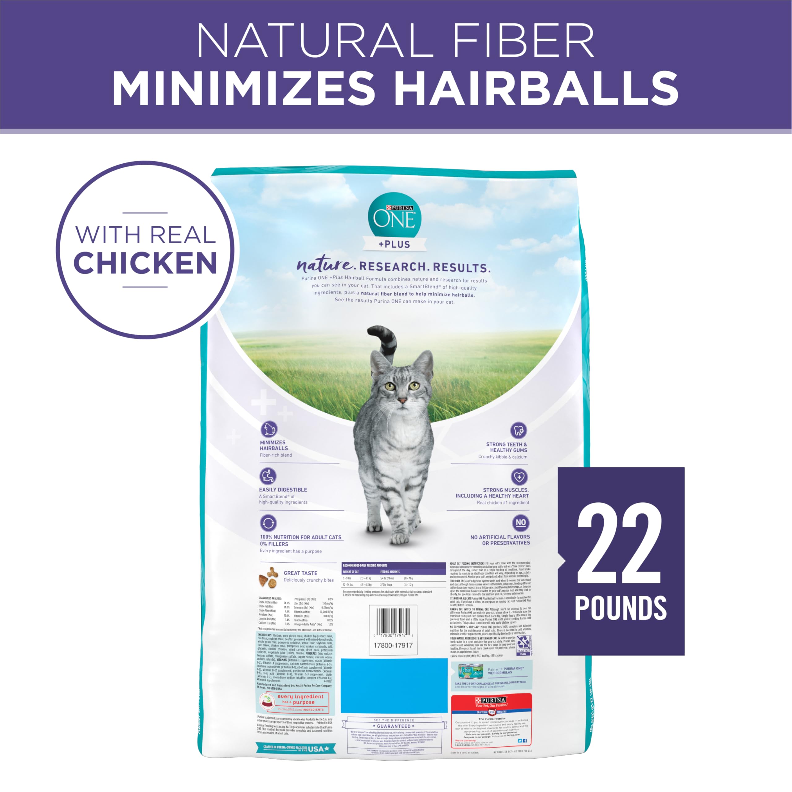 Purina ONE Plus Hairball Formula closeup shows protein per cup value