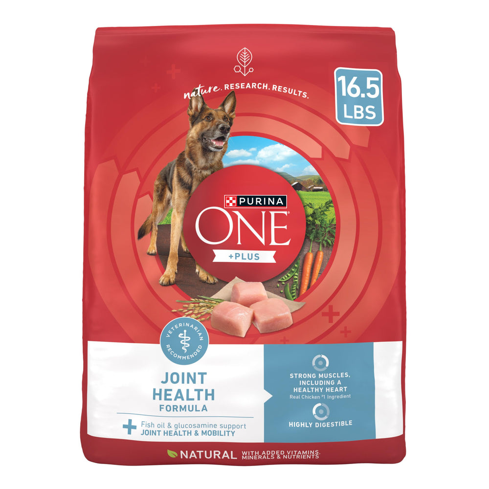 Purina ONE Plus Joint Health: real chicken first ingredient supports muscles.
