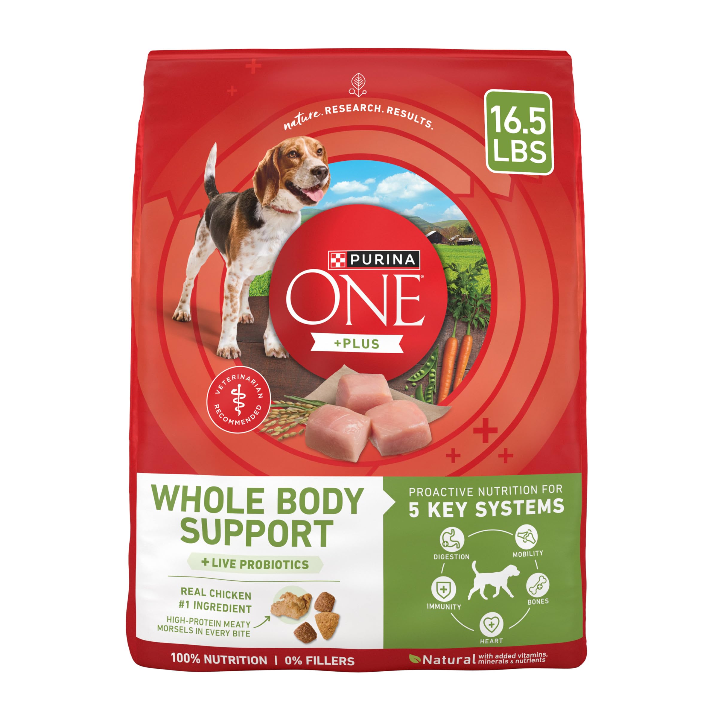 Purina ONE Plus Whole Body Support bag front showing real chicken flavor for muscles