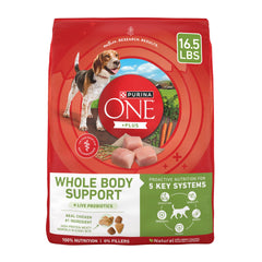 Purina ONE Plus Whole Body Support bag front showing real chicken flavor for muscles