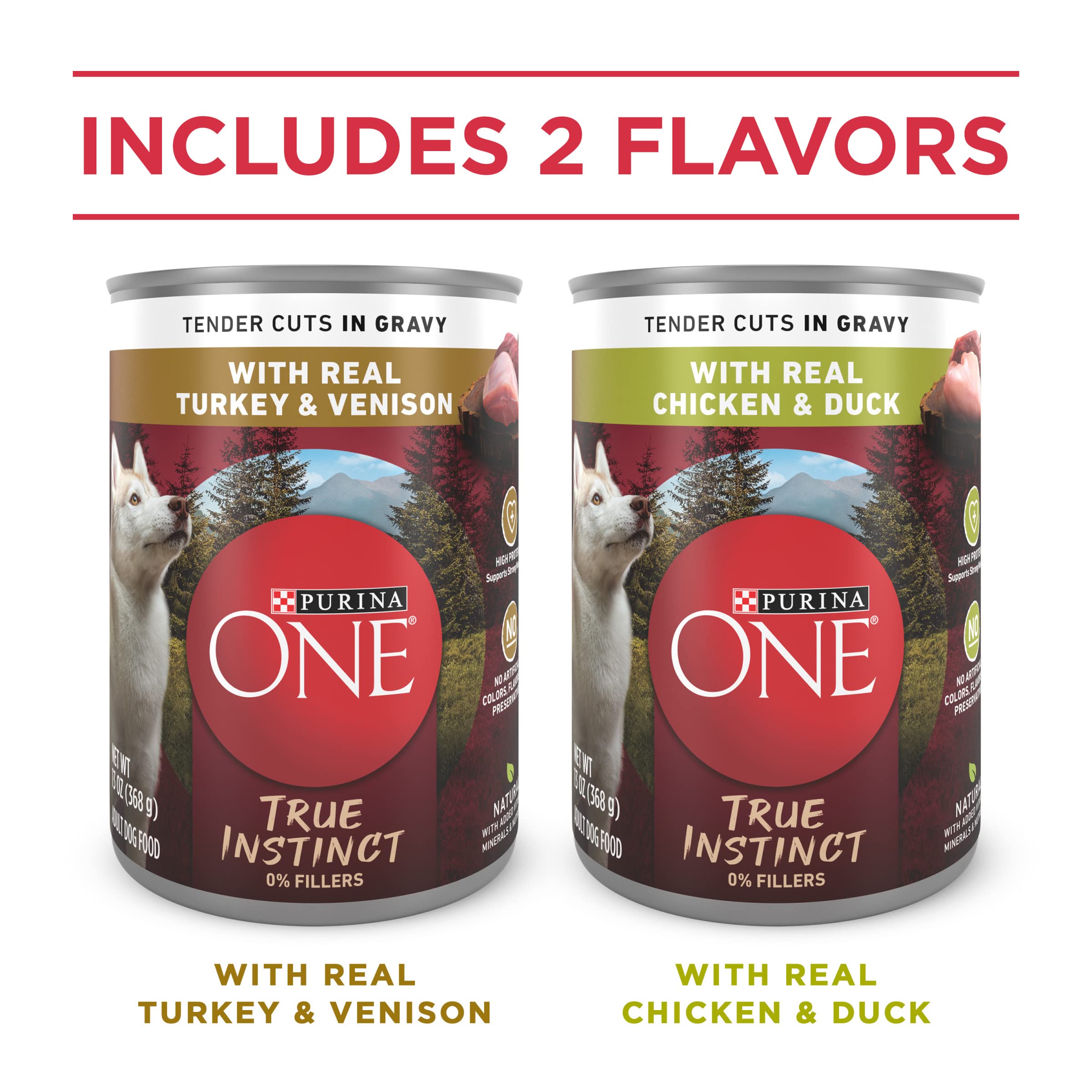 Purina ONE True Instinct Tender Cuts chicken and duck can in gravy for moist, flavorful dining