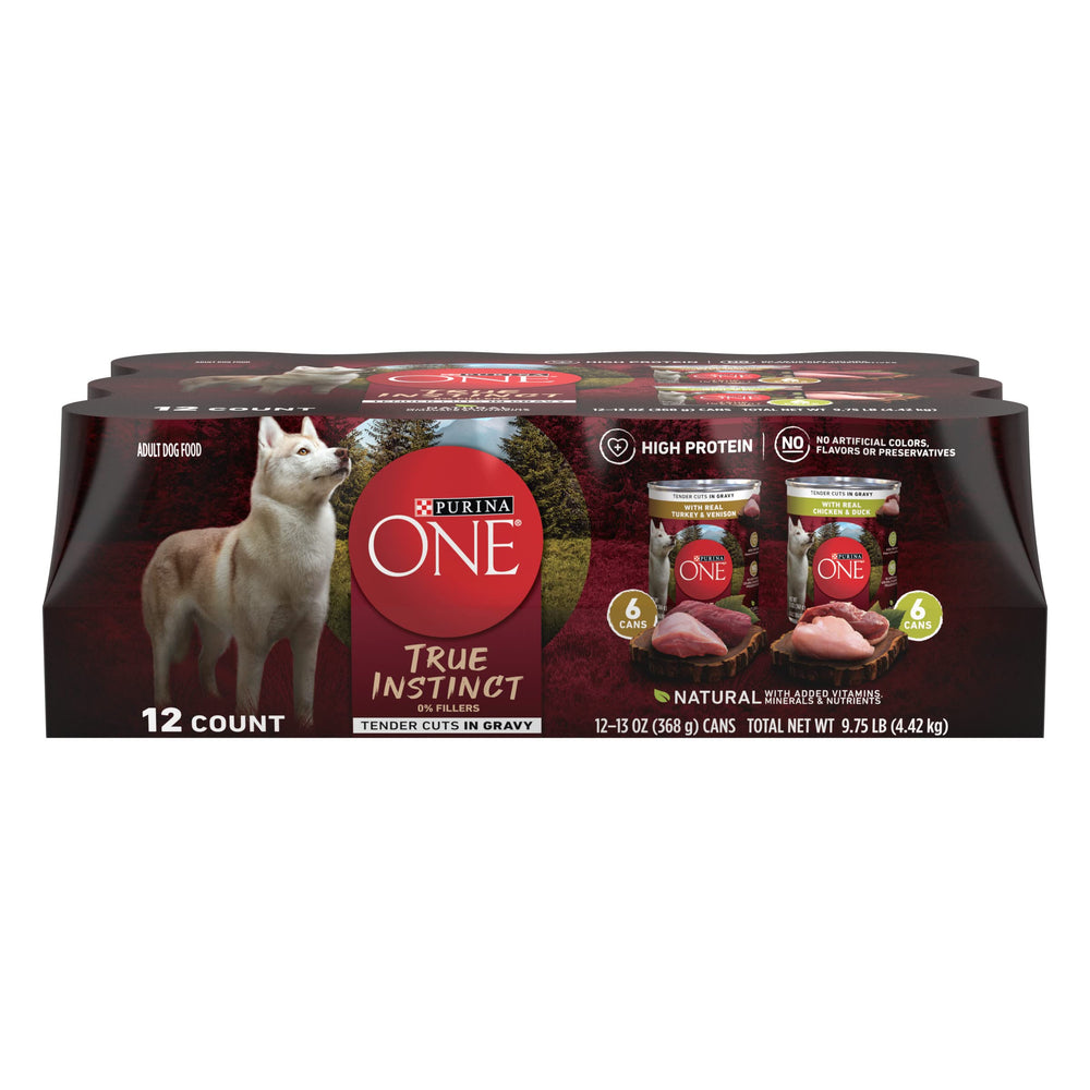 Purina ONE True Instinct Tender Cuts turkey and venison can in savory gravy for protein-rich meals