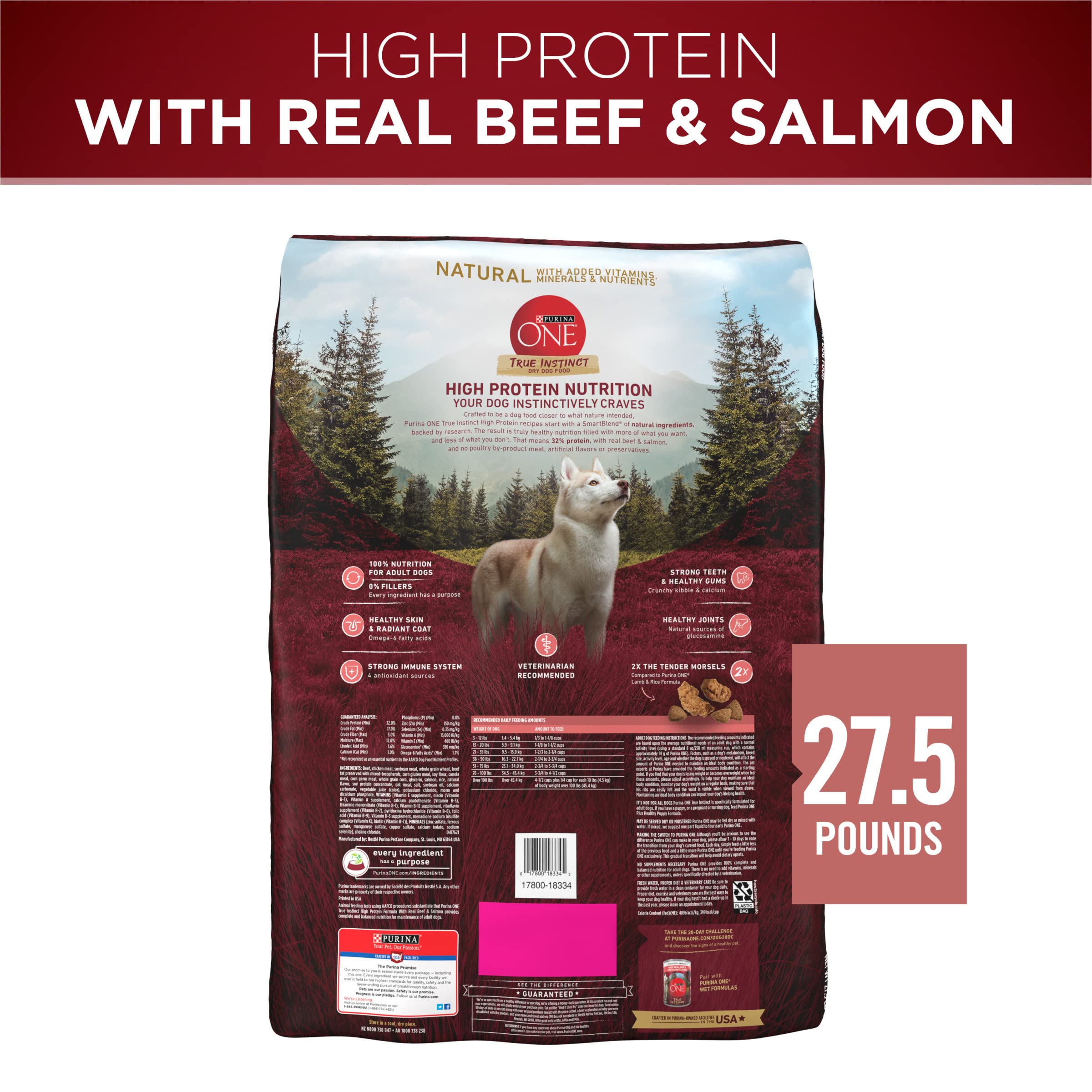 Purina ONE True Instinct bag front highlights 32 percent protein