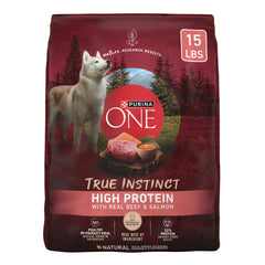 Purina ONE True Instinct beef-salmon kibble in a bowl supports muscle strength