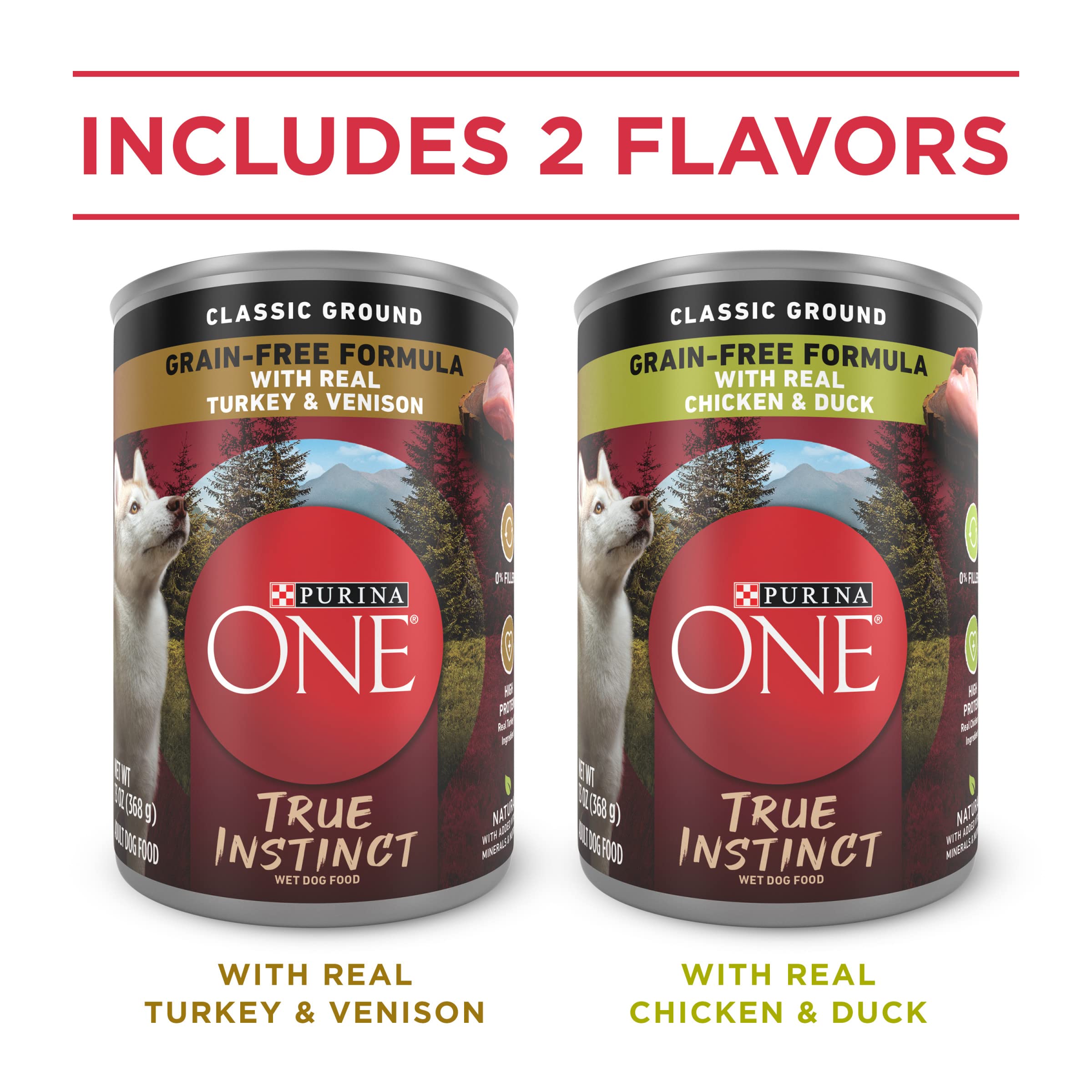 Purina ONE True Instinct Classic Ground two-recipe variety pack shows dual flavor options