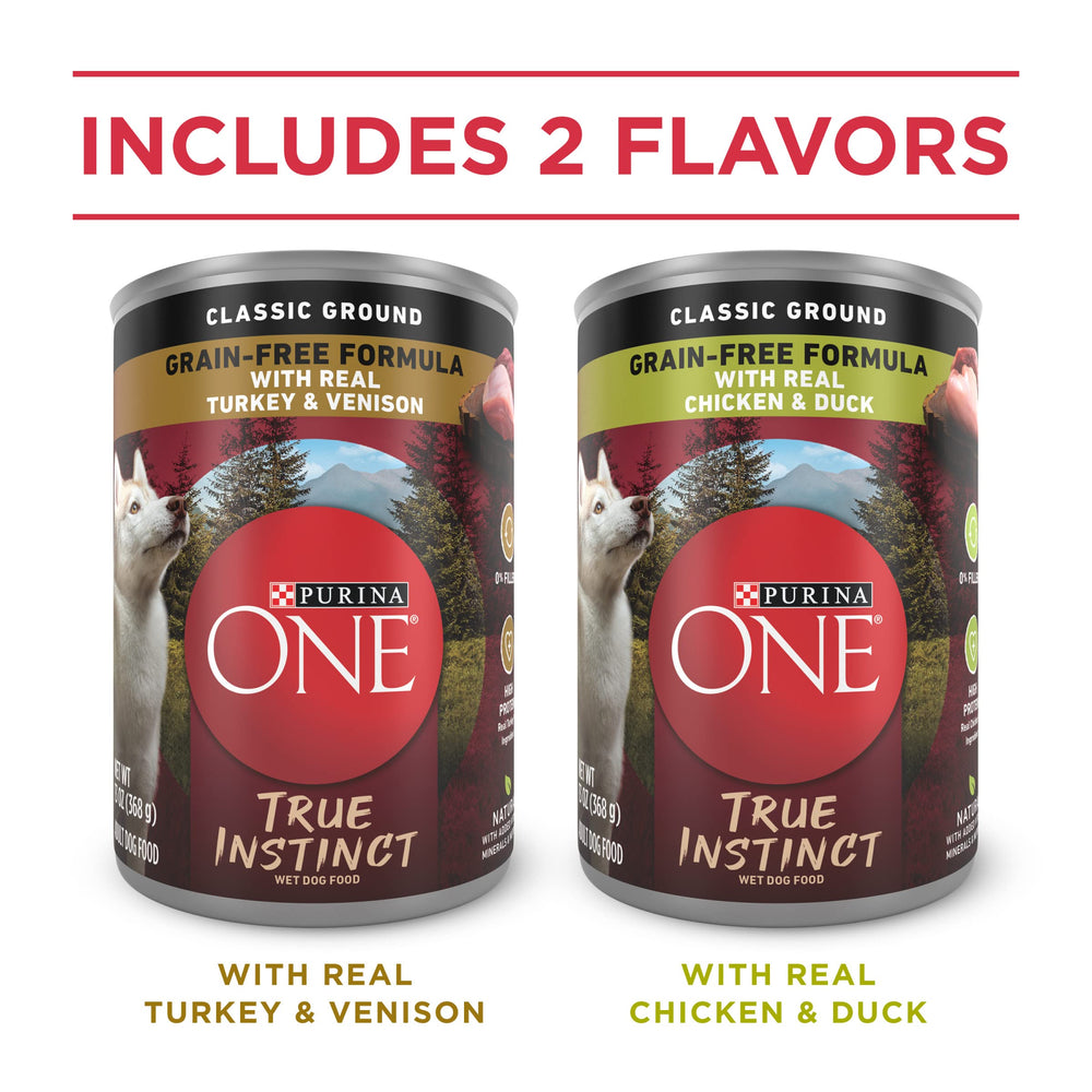 Purina ONE True Instinct Classic Ground two-recipe variety pack shows dual flavor options