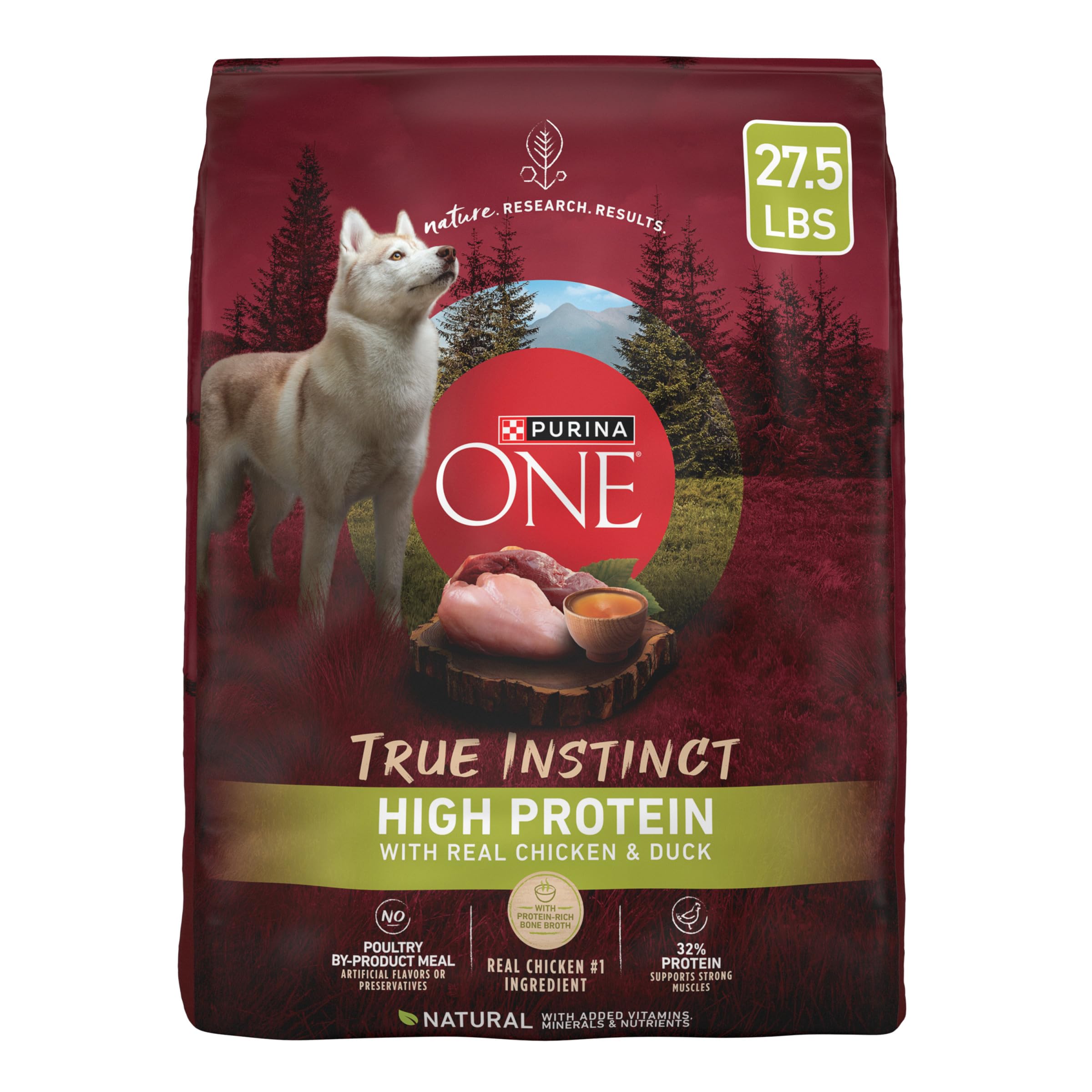 Purina ONE True Instinct kibble in bowl showing real chicken and duck for protein.