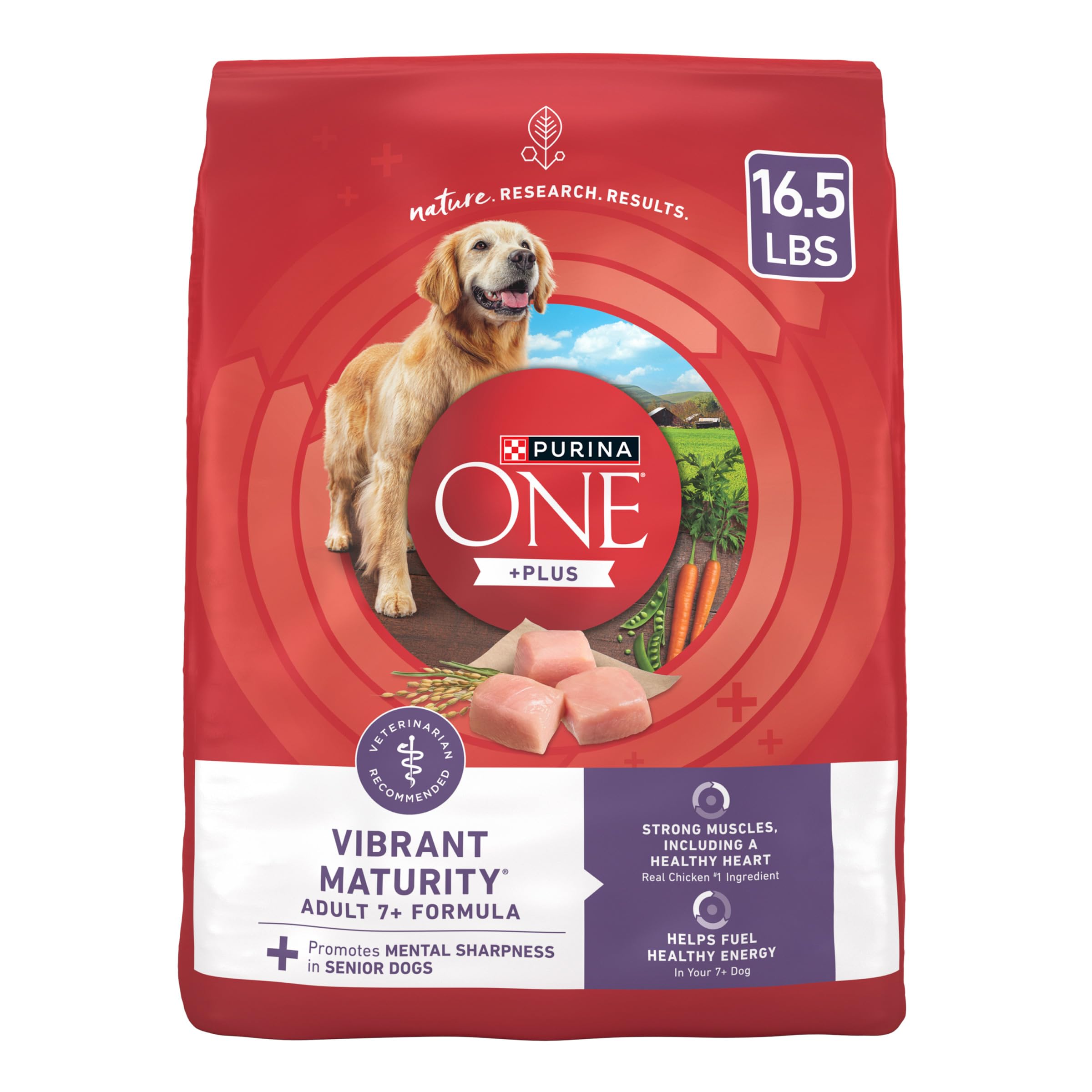 Purina ONE Vibrant Maturity 7+ formula bag shown for senior dog nutrition.