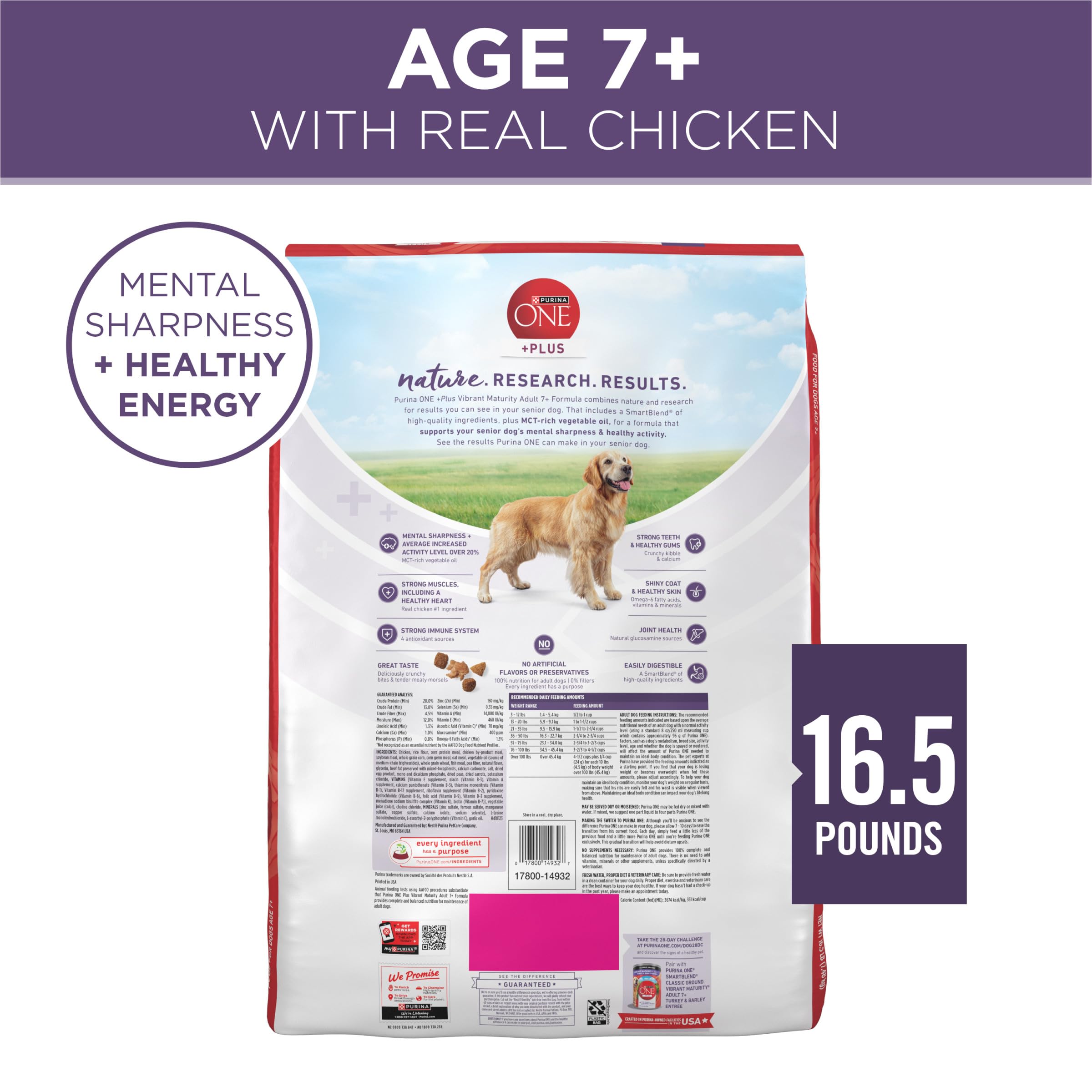 Purina ONE Vibrant Maturity calcium supports teeth and gums.