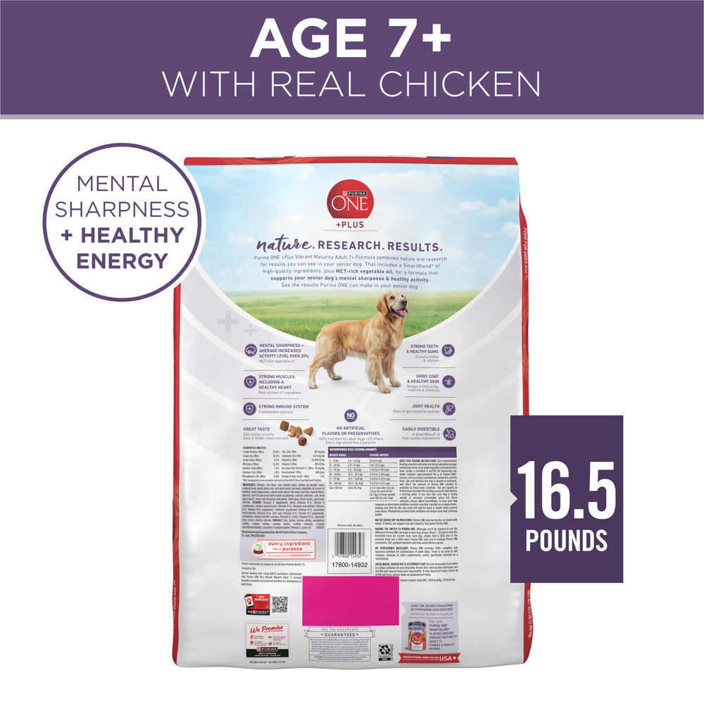 Purina ONE Vibrant Maturity calcium supports teeth and gums.