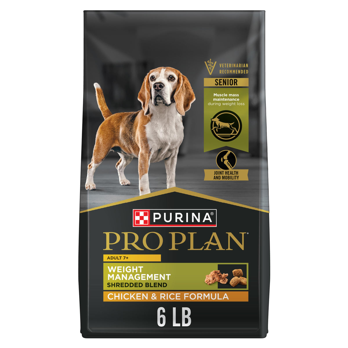 Purina Pro Plan Adult 7 Plus Weight Management bag label highlights a senior formula for weight control.